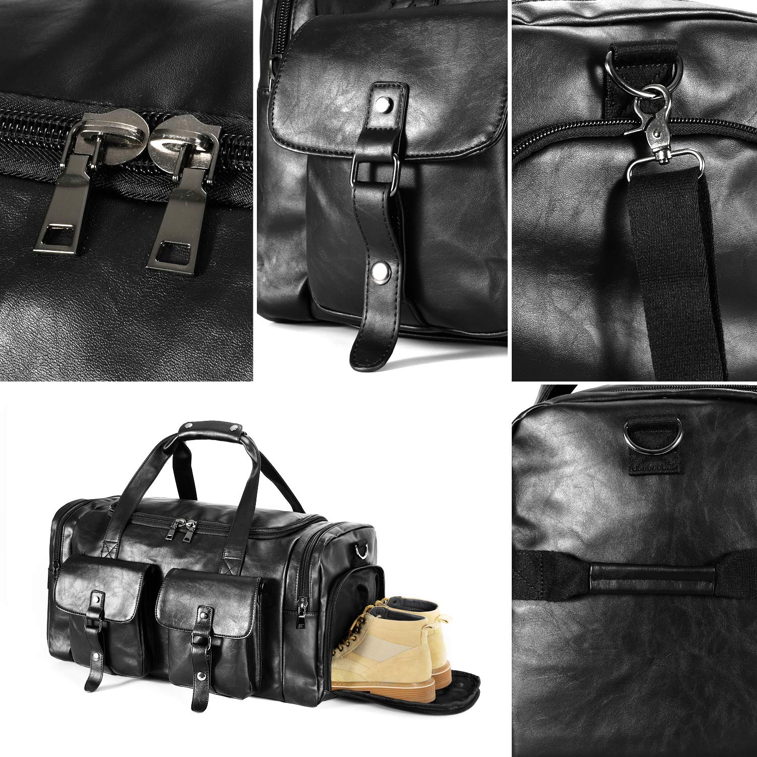Premium PU Leather Travel Duffel Bag with Detachable Shoe Compartment - Lightweight Carry-On Weekender Overnight Bag for Men & Women (Black) - Perfect for Gym, Business Trips & Weekend Getaways