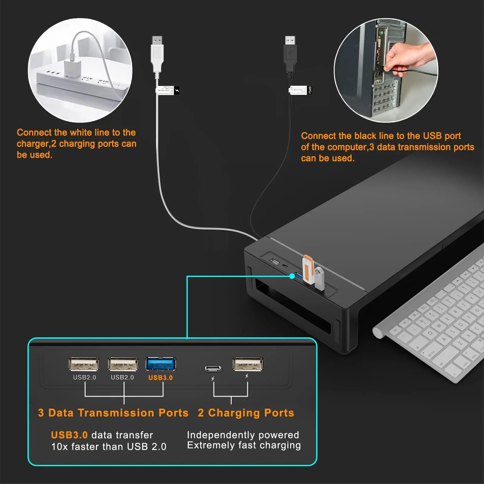 IGERCN Black Laptop Monitor Stand with USB 3.0 Port & Storage Drawer - Ergonomic Computer Screen Riser for Desk Organization, Perfect for Home Office & Gaming Setup