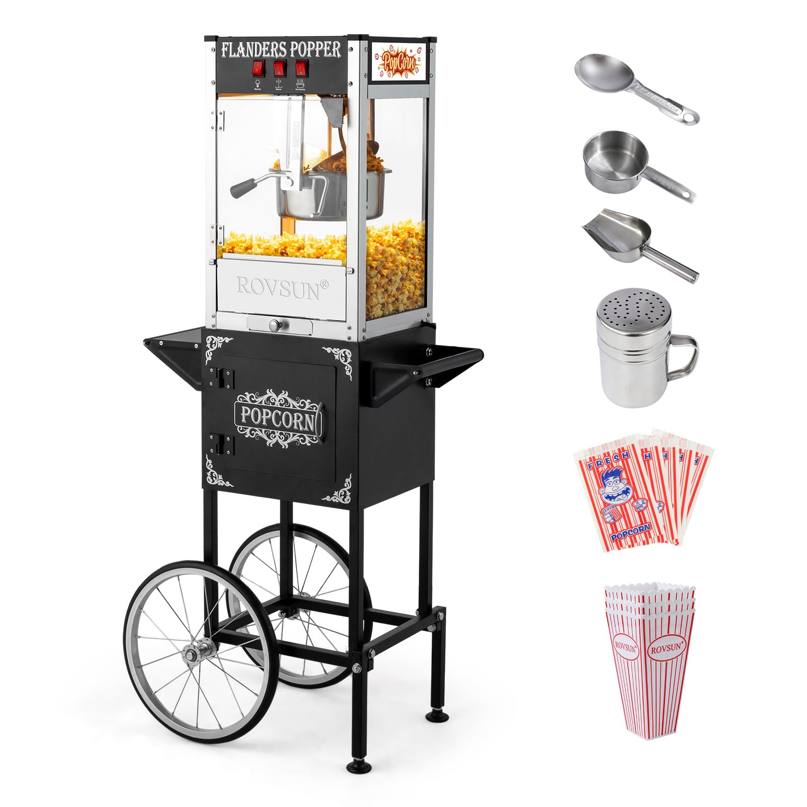 ROVSUN Commercial Popcorn Machine with Cart - 8 Oz Kettle Makes 32 Cups, Includes Wheels, Stainless Steel Scoop, Oil Spoon & 3 Popcorn Cups - Perfect for Home Theater, Movie Nights, Parties & Events (Black)