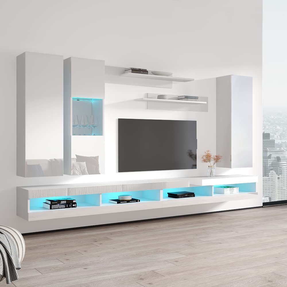 Modern White Wall-Mounted TV Stand with Storage Shelves & LED Lights - Floating Entertainment Center Console for Living Room & Bedroom - Perfect for Small Spaces & Home Theater Setup - Meble Furniture Fly EF5 34TV Stand