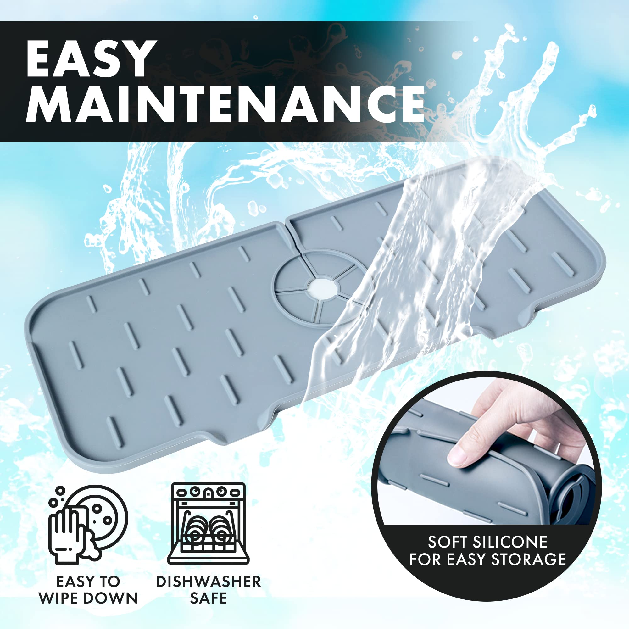 Self-Draining Silicone Faucet Mat for Kitchen Sink - Adjustable Depth Splash Guard & Drip Catcher to Prevent Hard Water Stains | Perfect for Protecting Countertops from Splashes & Mineral Deposits
