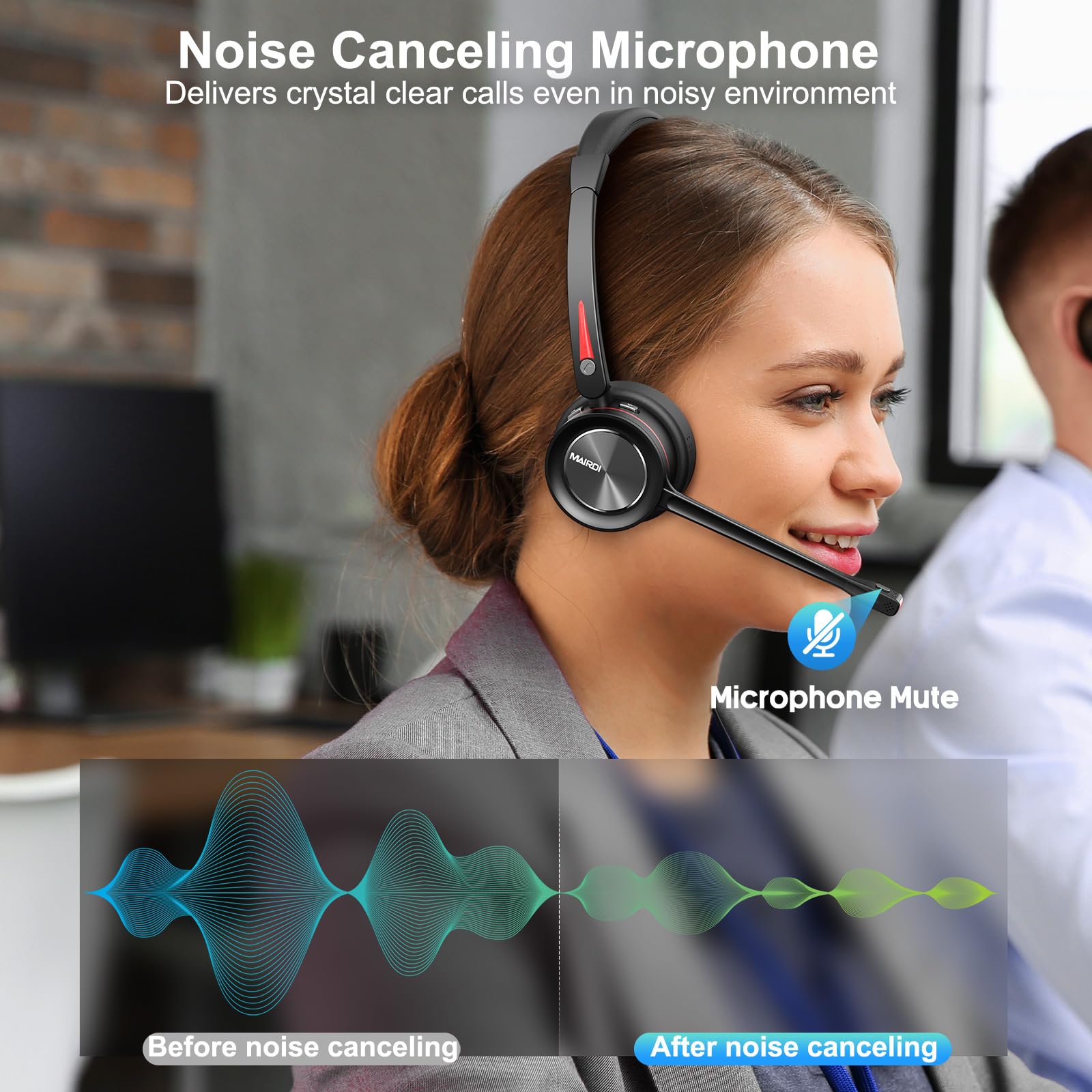 MAIRDI Wireless Bluetooth Headset with Microphone - 5.2 Noise Canceling Headset for PC, Truck Drivers, Office & Call Center - 40H Playtime - Compatible with Teams, Skype, Zoom - Perfect for Remote Work, Online Meetings & Long Driving Shifts