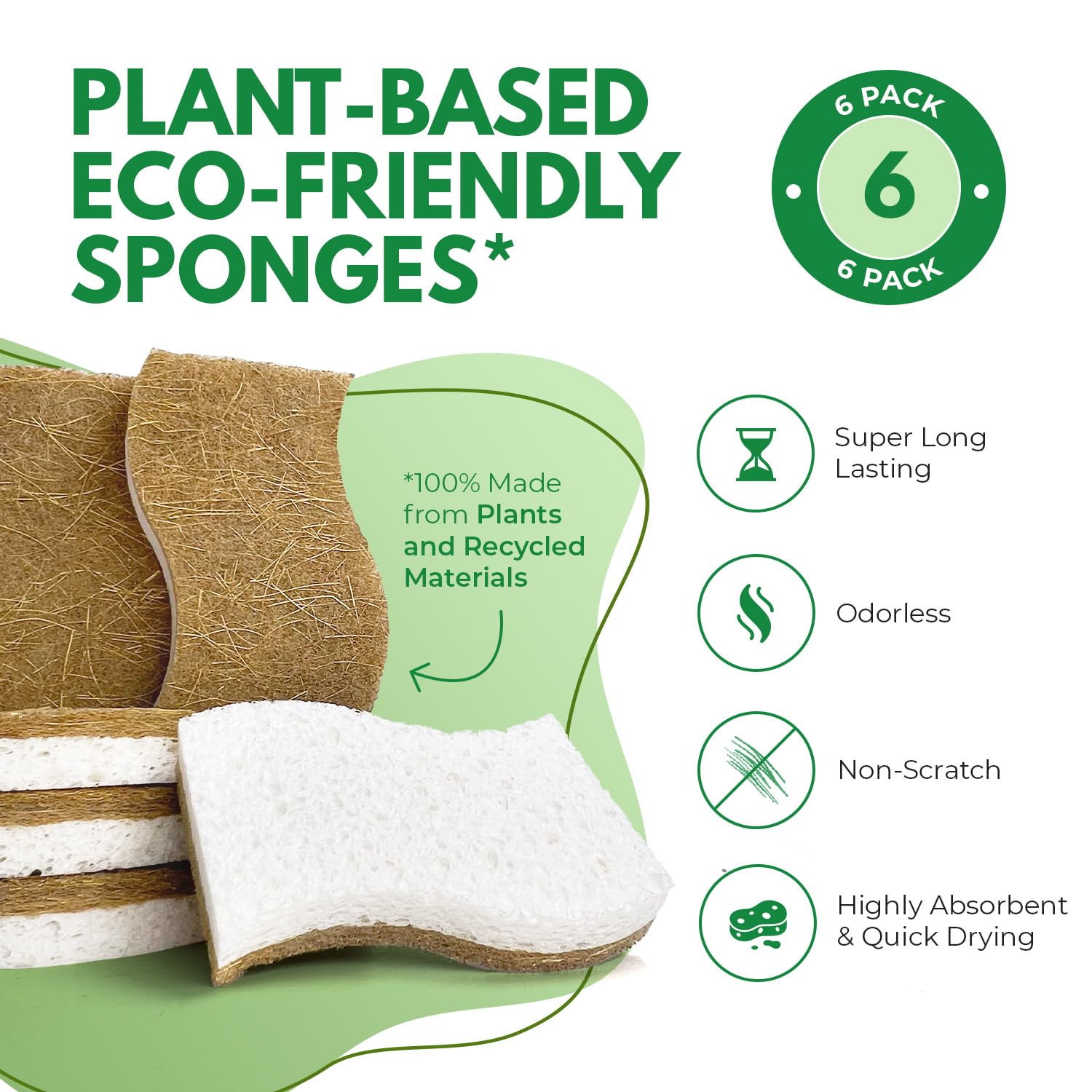 6 Pack Natural Kitchen Sponges - Eco-Friendly Cellulose & Coconut Husk Dish Sponges | Odor-Free, Non-Scratch Walnut Scrubber | Quick-Drying for Washing Dishes | Perfect for Daily Dish Cleaning, Kitchen Sink & Countertop Cleaning