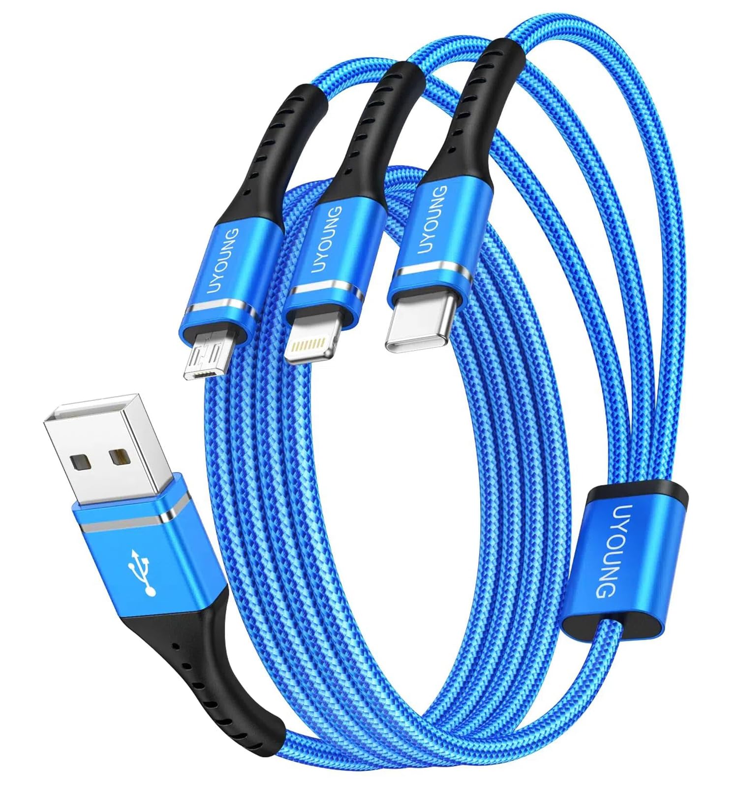 3-in-1 Multi Charging Cable 2Pack 6FT - Braided Universal Phone Charger with Lightning/Type C/Micro USB for iPhone 16/15/Samsung/Google - Fast Charging Cord for Home, Office, Travel & Car Use