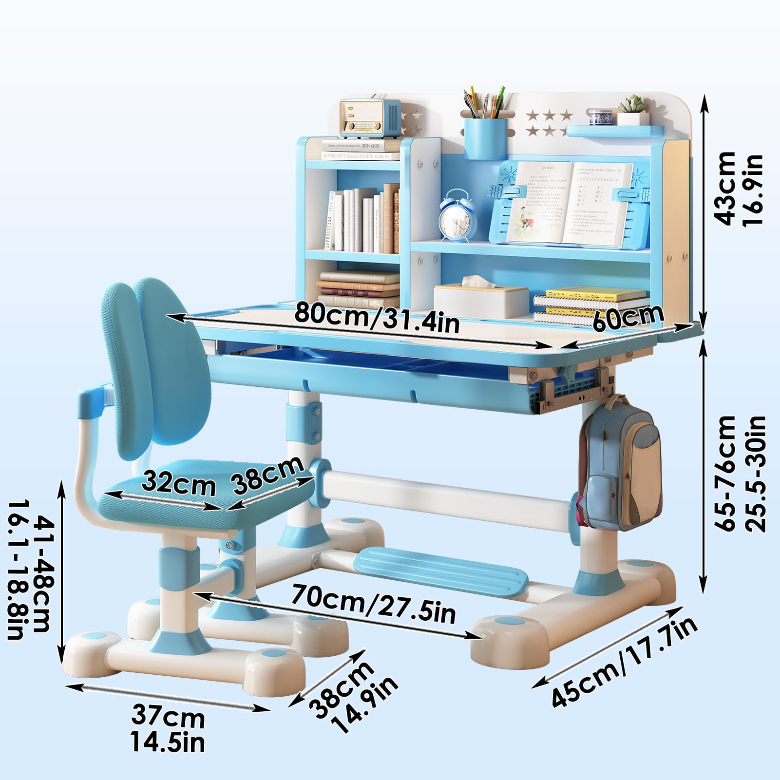 2024 Upgraded Kids Desk and Chair Set - Adjustable Children's Study Table with Flip Drawer, Tiltable Desktop, Schoolbag Hooks & Book Stand - Perfect for Homework, Drawing & Learning (Blue)