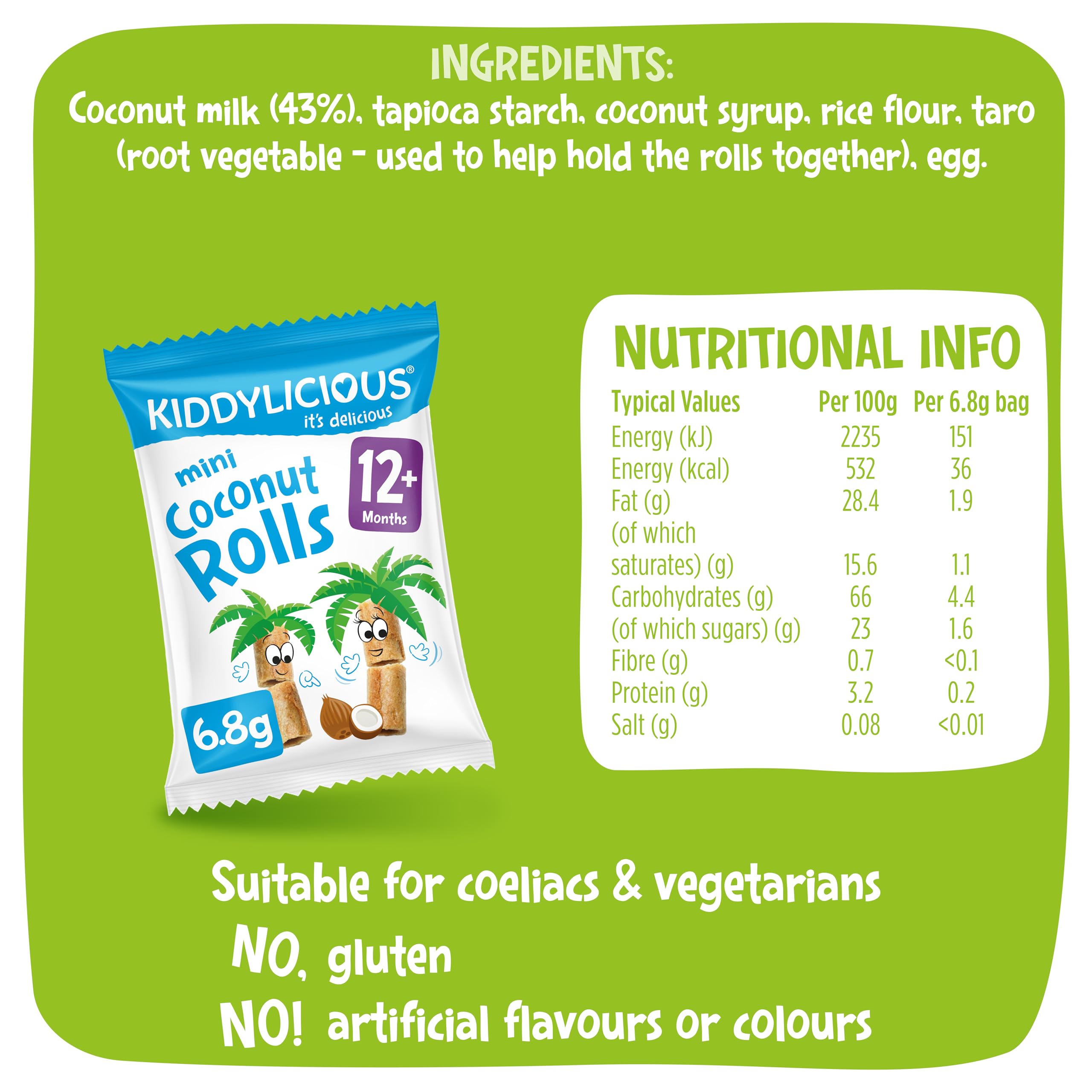 Kiddylicious Coconut Rolls - Healthy Kids Snacks for Toddlers 12+ Months - Gluten-Free & Organic - 8 Packs of 5 (40 Total) - Perfect for School Lunch, Travel & On-the-Go Snacking