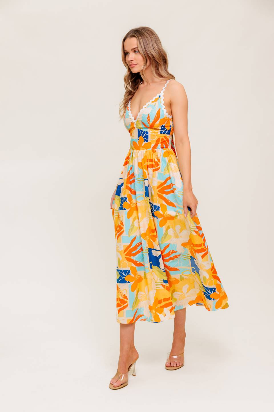 MERRITT MIDI DRESS - Floral Print Orange & Blue Summer Dress for Women | Perfect for Beach Vacations, Date Nights & Casual Outings