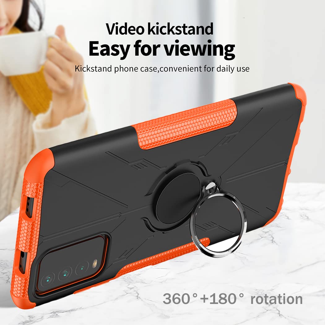 Premium Shockproof Phone Case for Redmi 9T/Poco M3/Redmi Note 9 4G M2010J19SL with Tempered Glass Screen Protector & Metal Ring Holder Kickstand - Durable Protection Cover for Xiaomi Redmi 9T (Orange) - Perfect for Work, Travel & Outdoor Activities