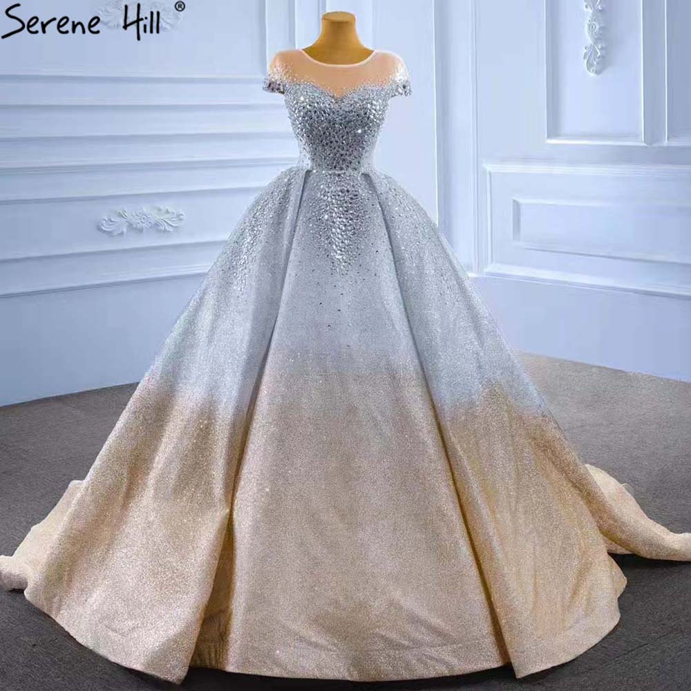 Luxury Wedding Dresses 2025 - Gold & Silver Beaded Crystal Bridal Gowns with Cap Sleeves | Custom Made Serene Hill Collection HM67362 | Perfect for Bridal Showers, Weddings & Formal Events