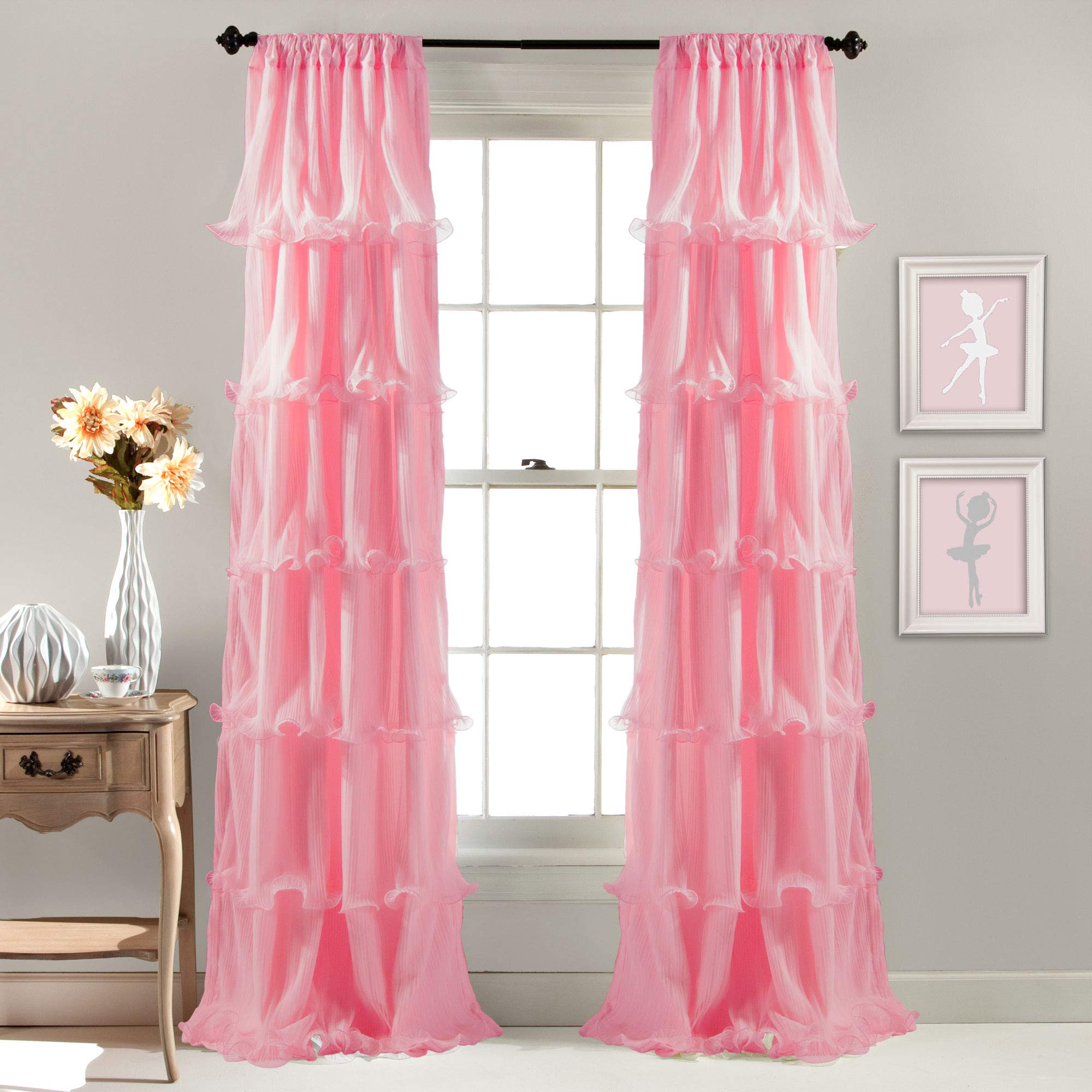 Lush Decor Nerina Sheer Ruffled Textured Pink Window Panel - 84 x 54 Inch - Elegant Curtain for Living Room, Dining Room, Bedroom, and Nursery