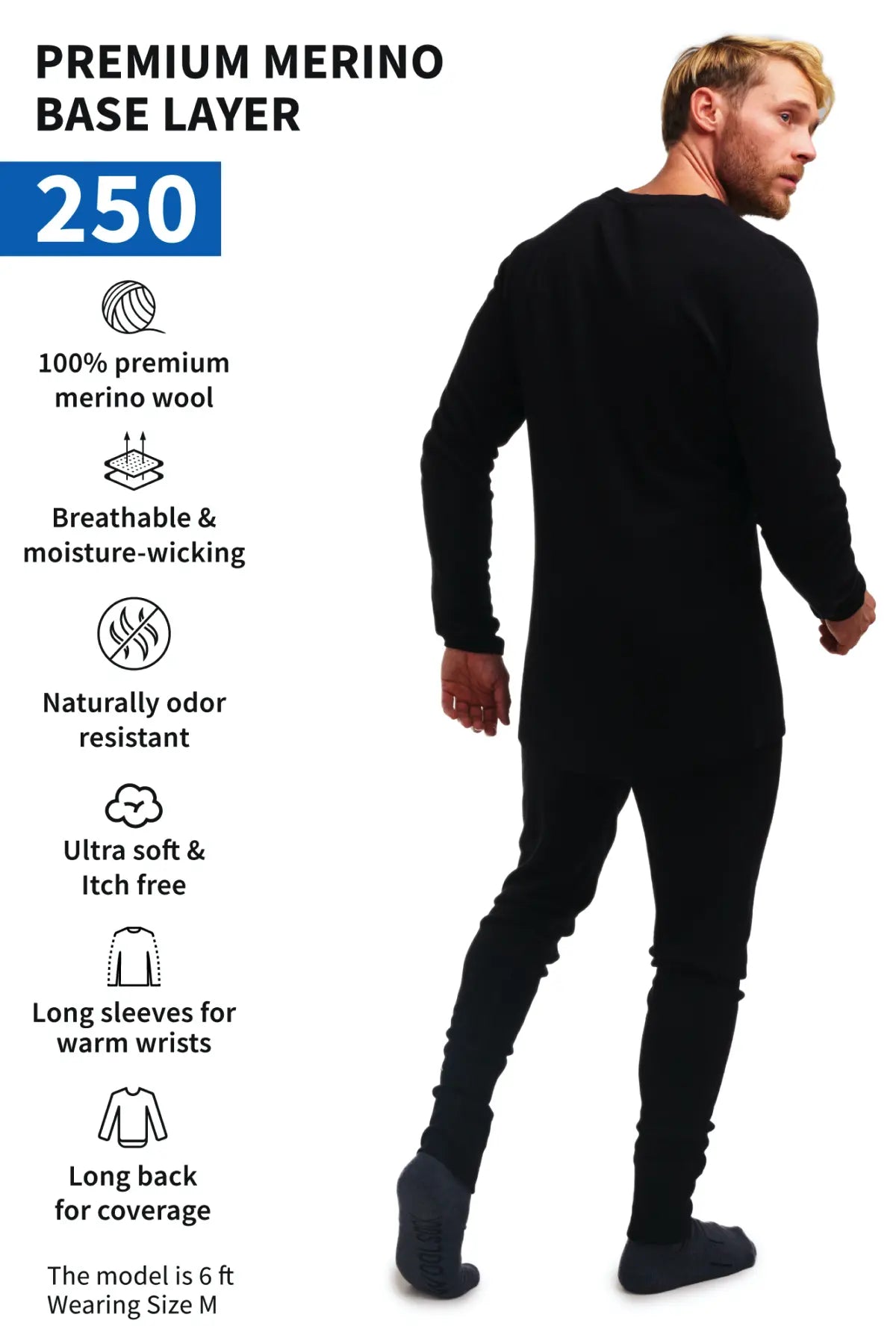 Premium Men's Merino Wool Thermal Underwear Set - 250g Black Base Layer for Cold Weather Hiking, Skiing & Winter Sports