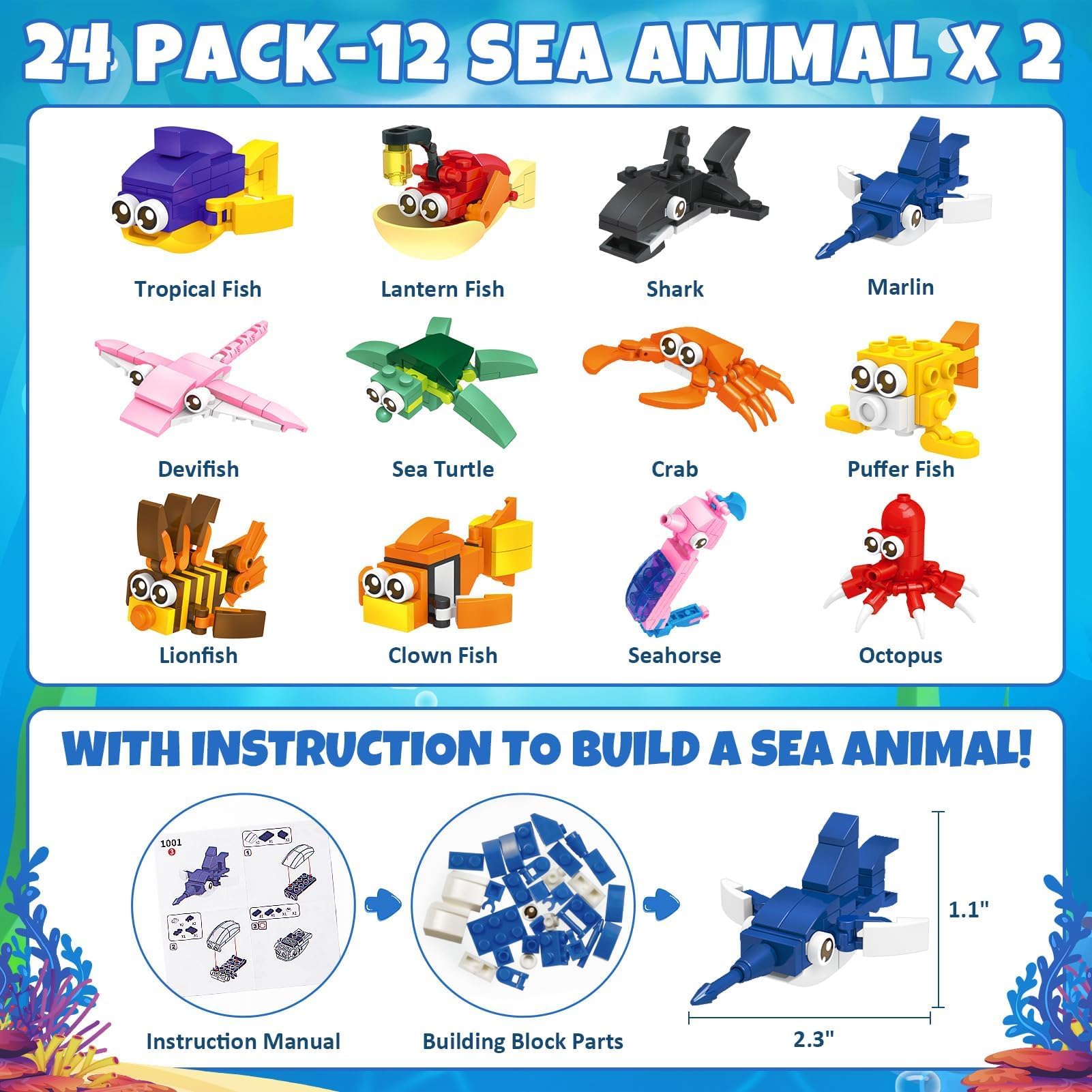 24 Pcs Sea Animal Building Blocks Toy - Easter Basket Stuffers for Kids, Easter Gifts for Boys & Girls, Prefilled Easter Egg Fillers, Kids Party Favors - Perfect for Easter Celebrations, Birthday Parties & Classroom Rewards