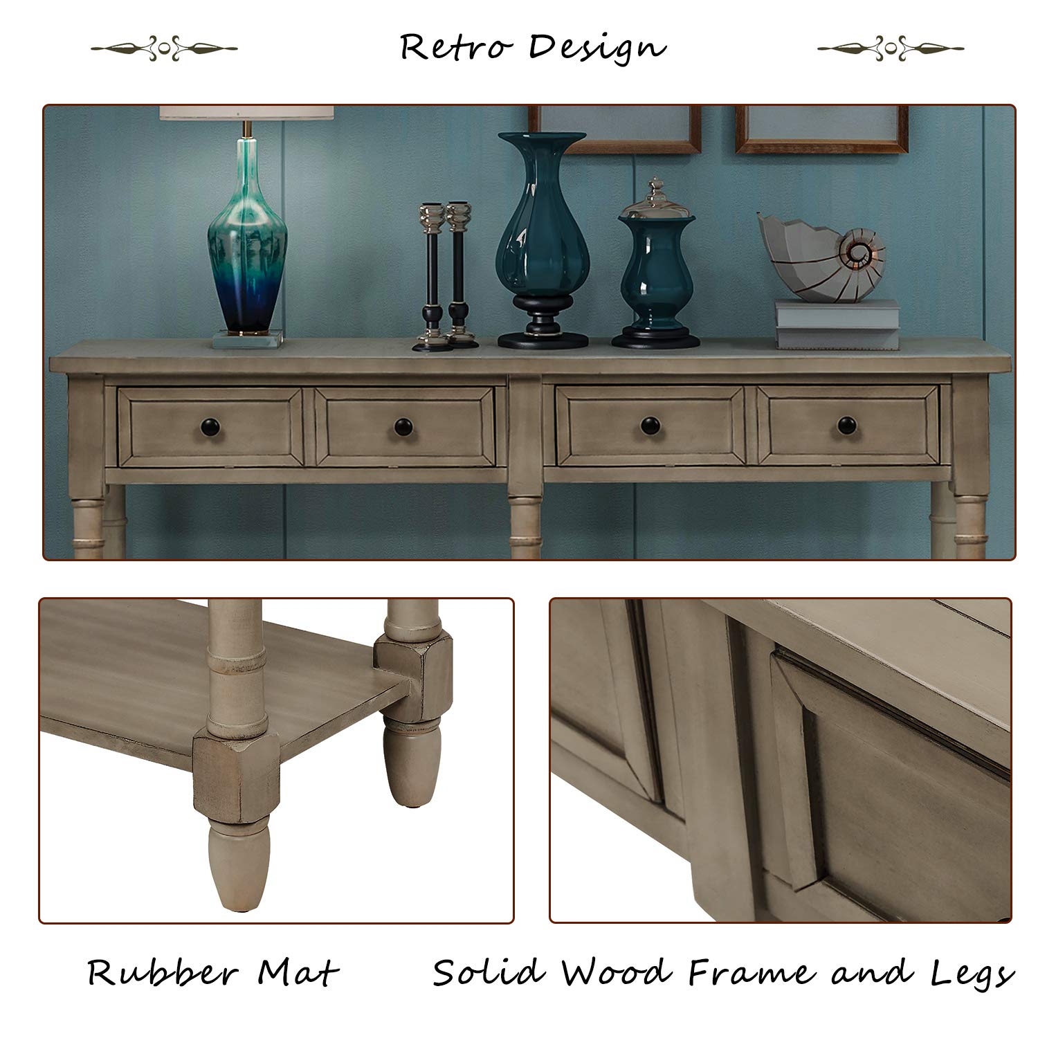 Rustic Gray Wash Wood Console Table with 2 Storage Drawers & Bottom Shelf - Entryway Sofa Table for Living Room, Hallway | Easy Assembly Home Decor for Farmhouse, Apartment & Office Spaces