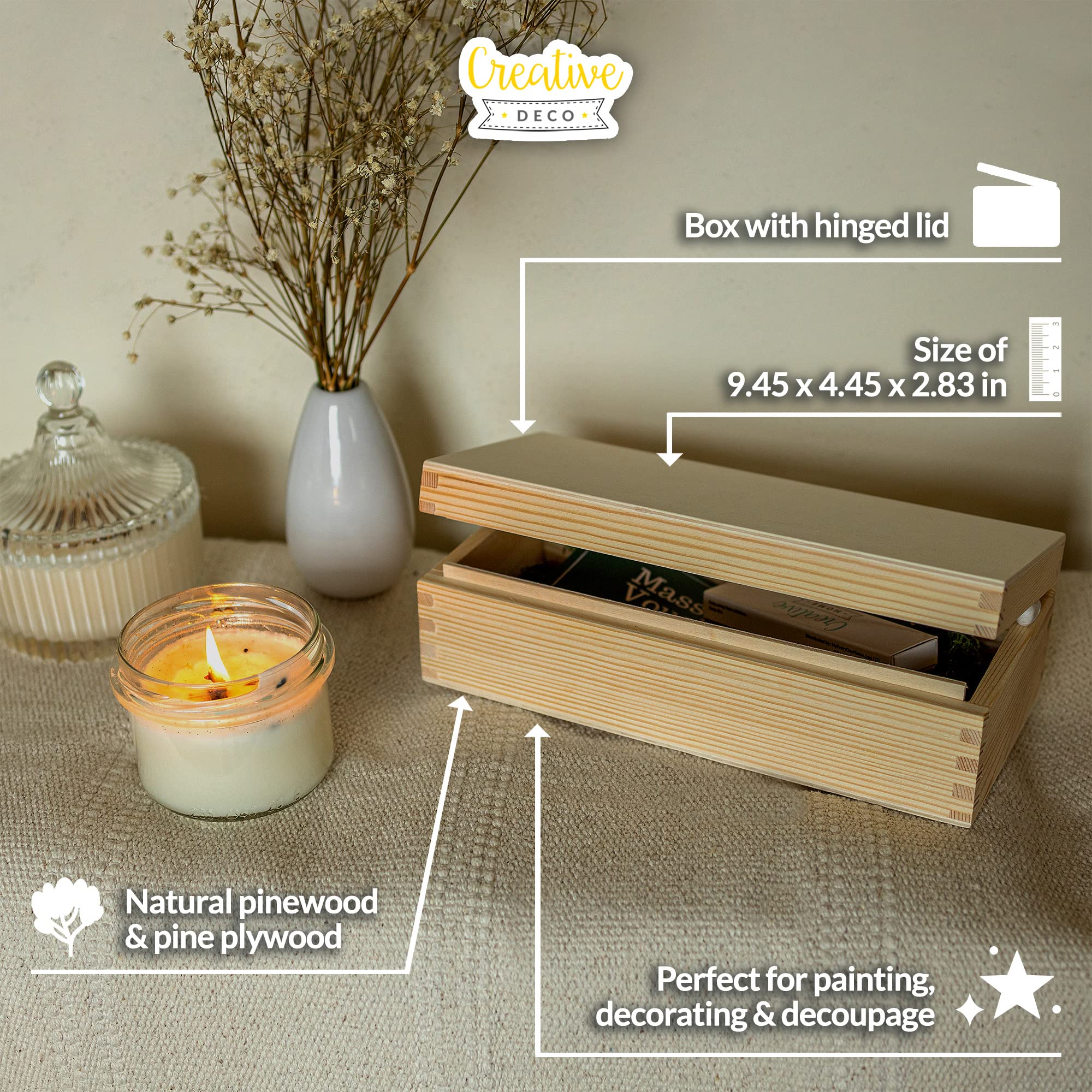 Unfinished Wooden Storage Box with Lid - 9.44 x 4.44 x 2.83 Inches Plain Rectangular Craft Box - Jewelry Organizer & Small Item Holder for Office, Bedroom, and Craft Room Storage Solutions