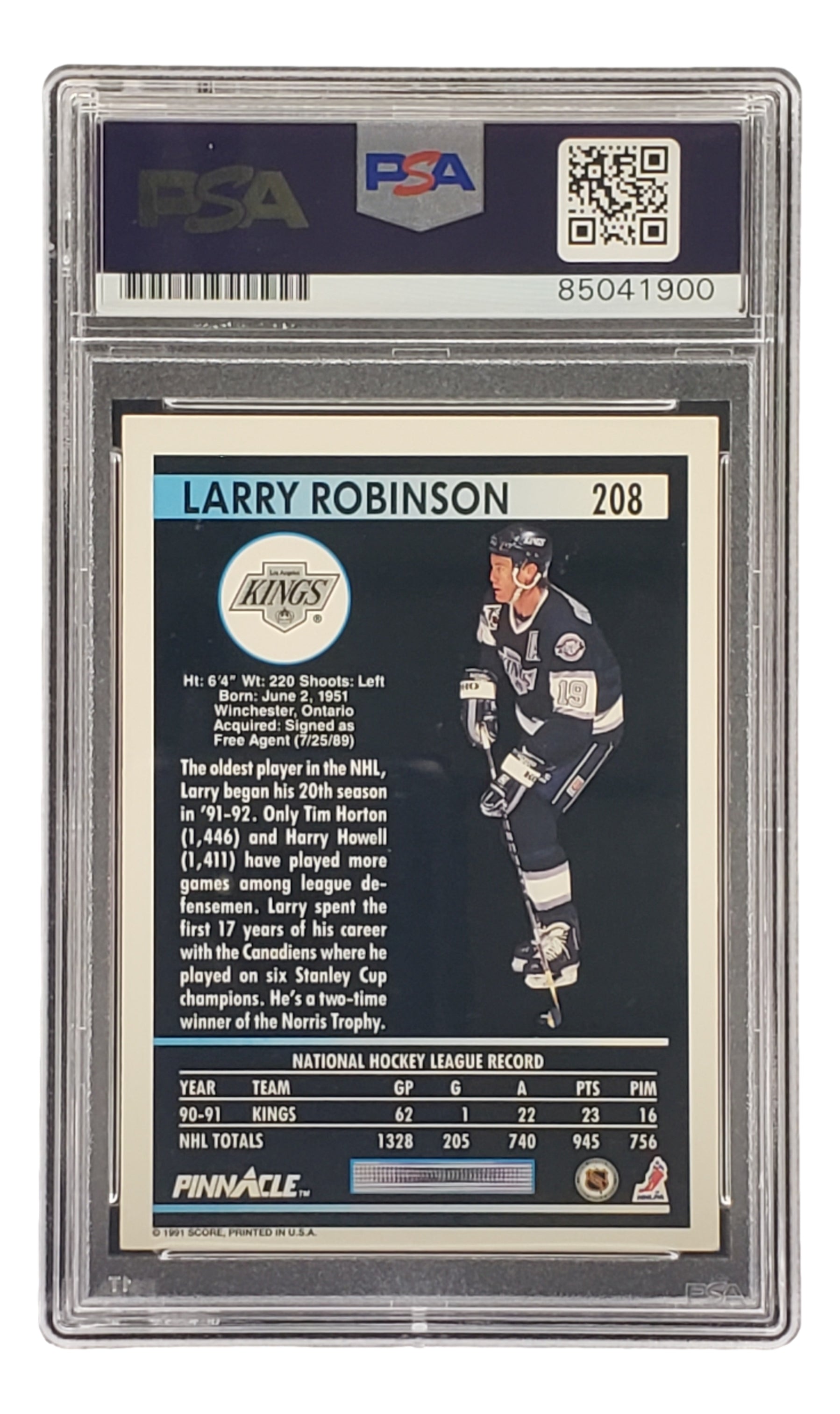 Larry Robinson Autographed 1991 Pinnacle #208 Los Angeles Kings NHL Hockey Card - PSA/DNA Certified - Perfect for Hockey Memorabilia Collectors & LA Kings Fans