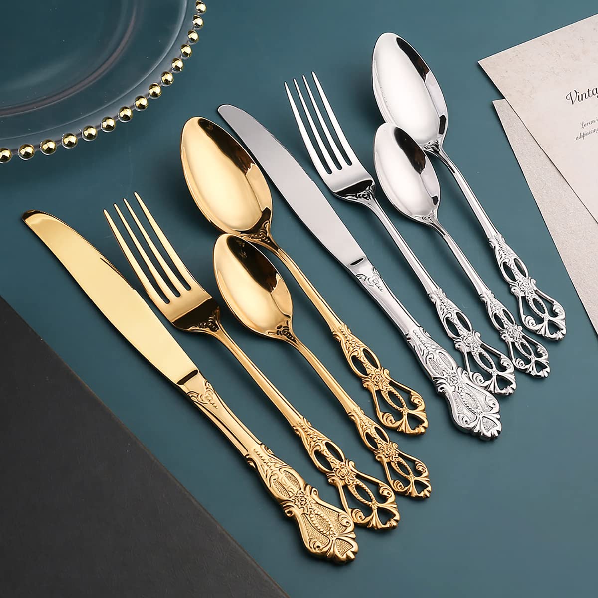 60-Piece Silverware Set for 12 - Retro Royal Palace Style Stainless Steel Flatware Cutlery Set with Knives, Spoons & Forks - Mirror Polished for Home, Kitchen, Restaurant, Hotel - Perfect for Fine Dining, Wedding Gifts & Elegant Table Settings