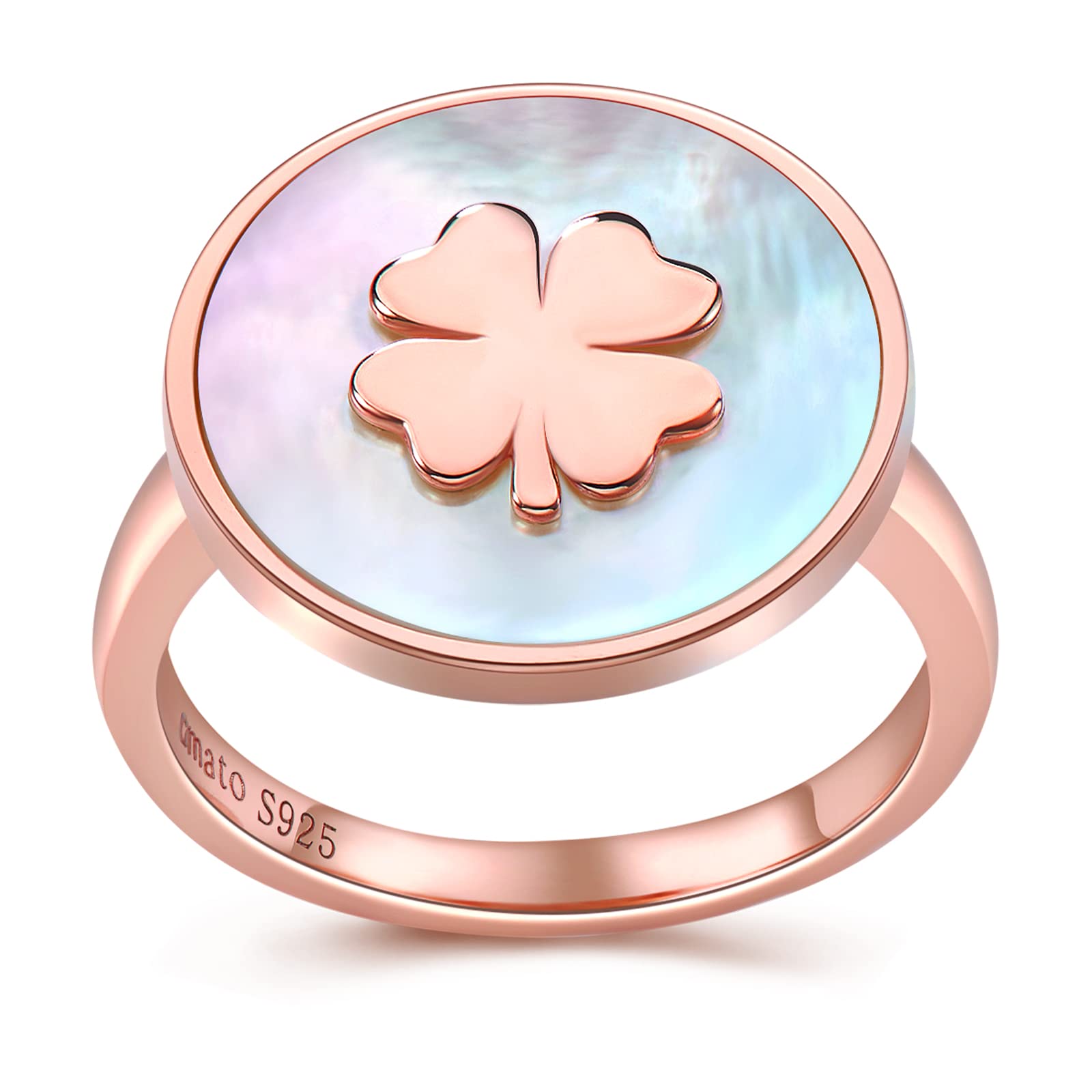 Yumato Signet Rings for Women - Unique Four Leaf Clover Rings with Natural Mother of Pearl in 925 Sterling Silver & 14K Gold Plated - Elegant Jewelry Gift for Women, Girls, Wife - Perfect for Everyday Wear, Special Occasions & Gifts