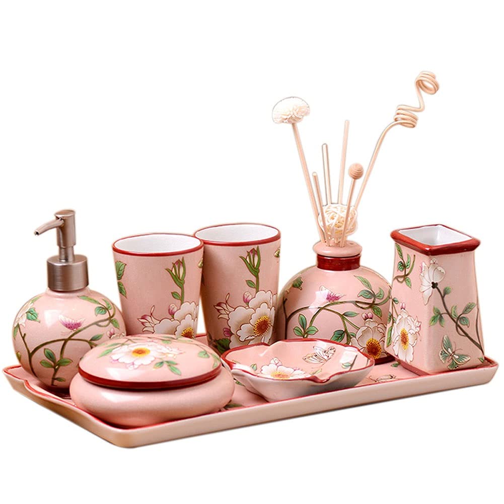 Premium 8-Piece Ceramic Bathroom Set - Hand Sanitizer Dispenser, Soap Dispenser, Toothbrush Cup, Mouthwash Cup, Soap Dish, Storage Box, Aromatherapy Bottle & Tray - Elegant Wedding & Hotel Accessories for Spa-Like Bathroom Organization