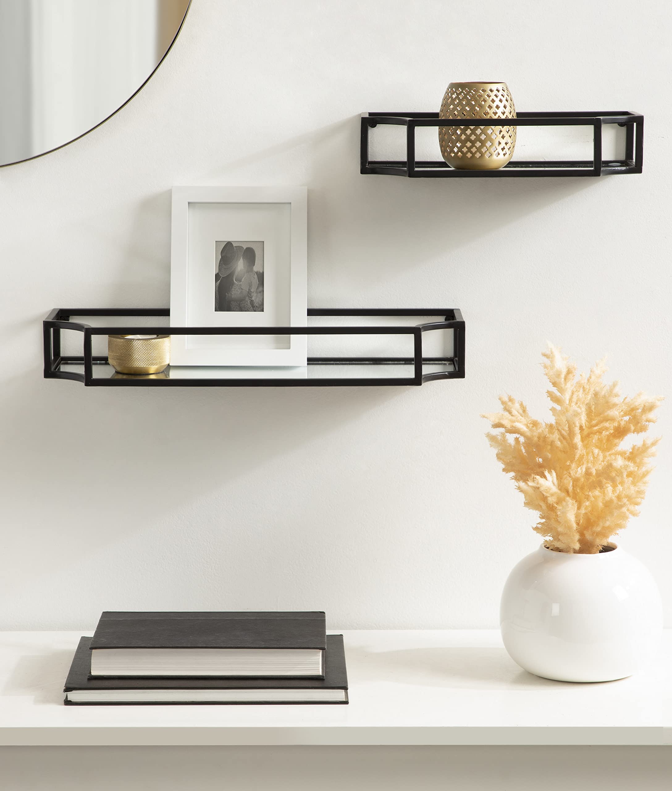 Kate and Laurel Ciel Modern Floating Shelves - Set of 2 Black Glass Shelves with Metal Frame for Wall Storage & Display | Perfect for Living Room, Bedroom, Bathroom Decor & Organizing Books, Plants, Photos