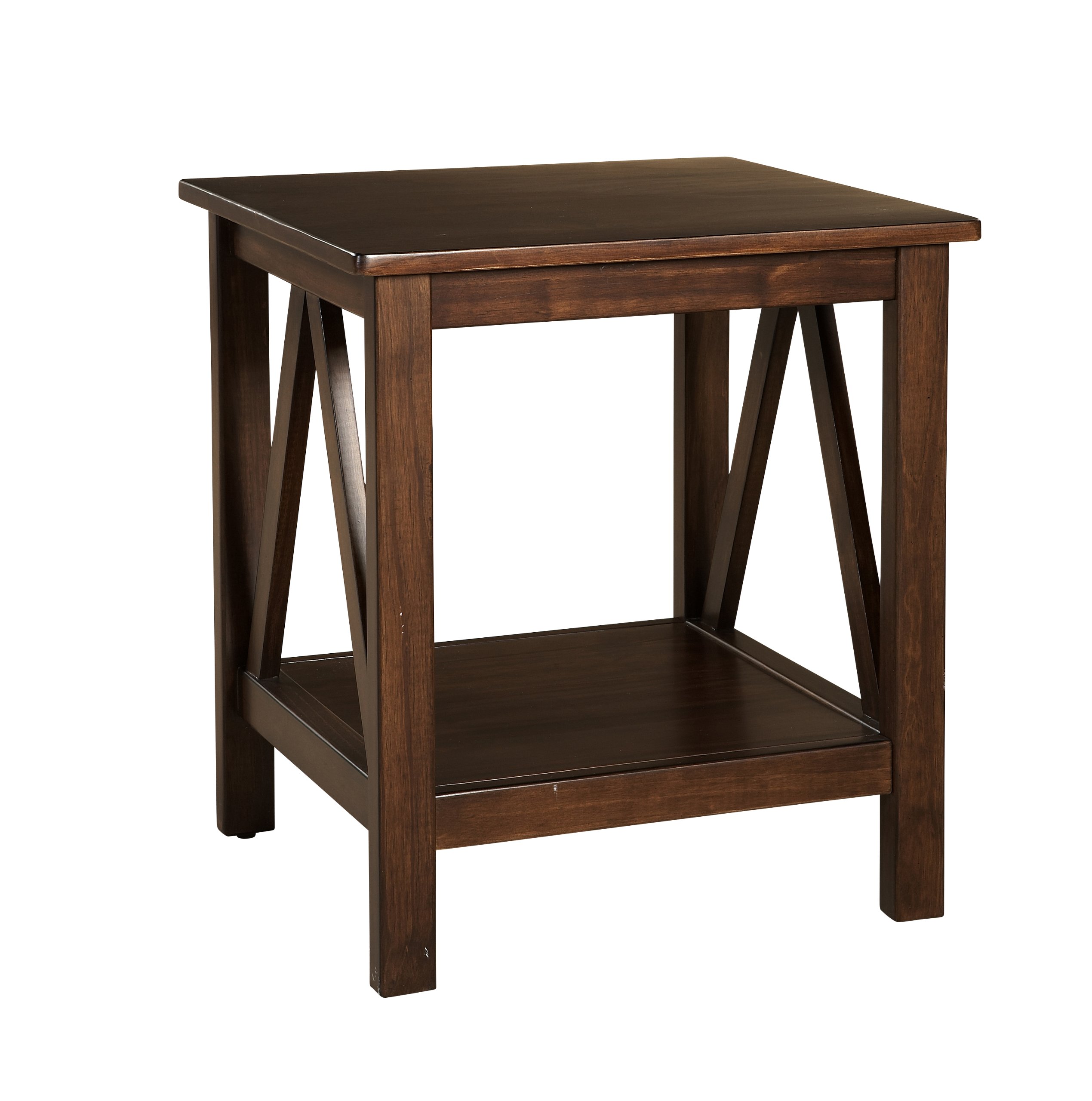 Benjara Solid Wood End Table with Bottom Shelf & Inverted V Design - Rustic Brown Side Table for Living Room, Bedroom, or Office Decor