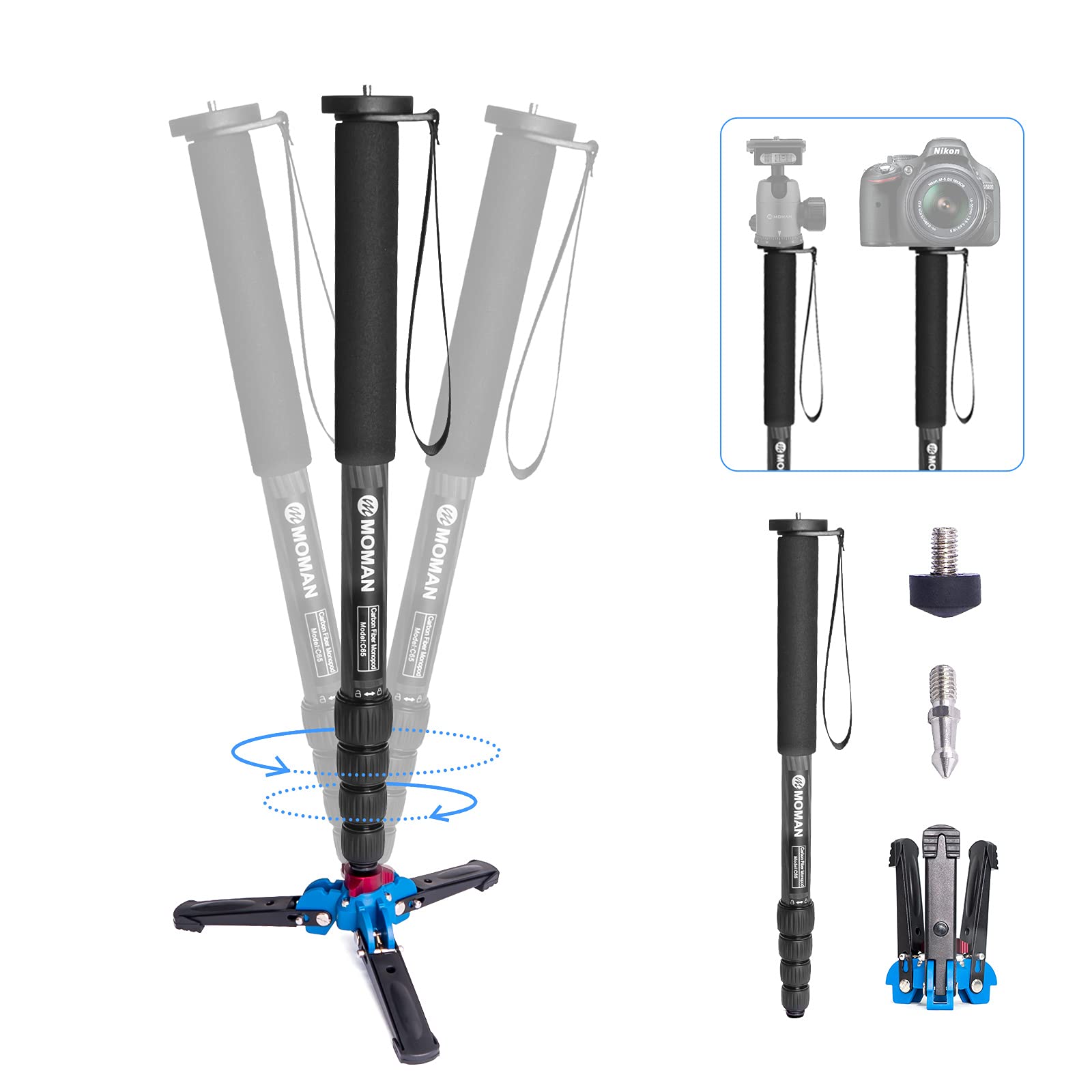 Moman C65 Carbon Fiber Camera Monopod - 65 Inch Adjustable Height, 15.5lbs Load Capacity with 3-Leg Tripod Base for DSLR & Video Cameras | Perfect for Travel Photography, Vlogging, and Outdoor Shooting