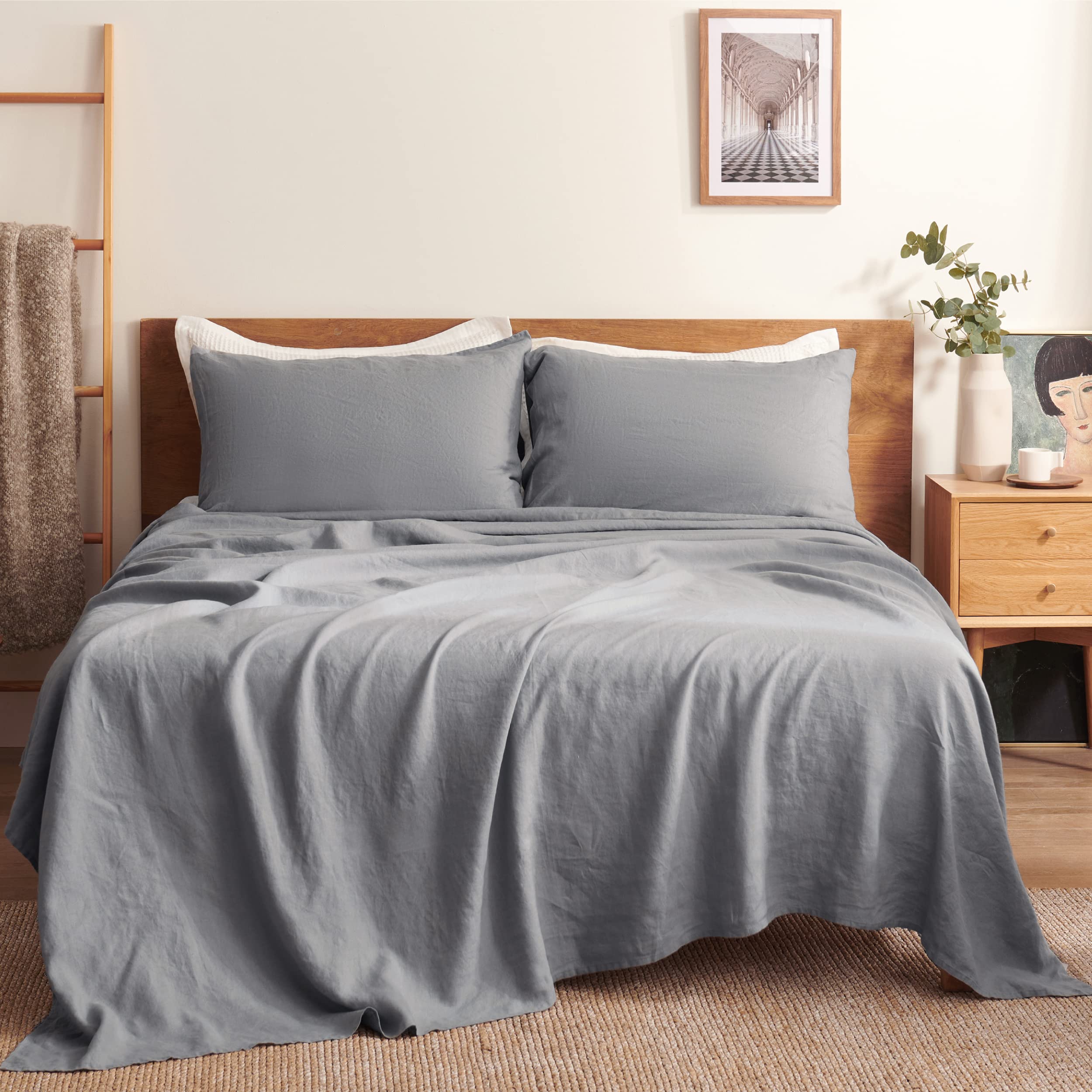 Bedsure 100% Washed French Linen Sheet Set King Size - Breathable Deep Pocket Bedding, 108