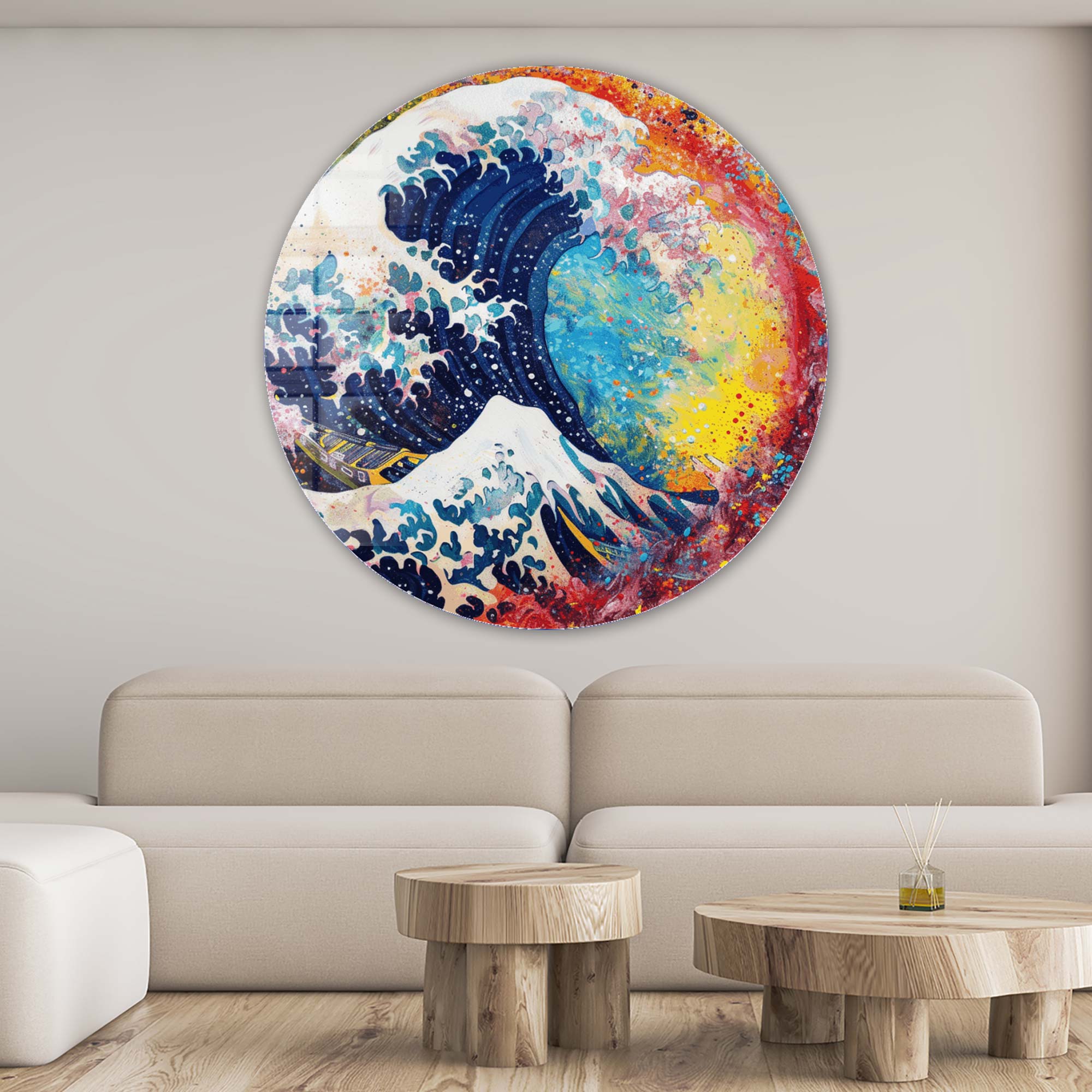 Kanagawa Rainbow Rounded Glass Wall Art - Japanese Wave Decor for Living Room, Bedroom & Office - Modern Home Decor & Unique Gift Idea