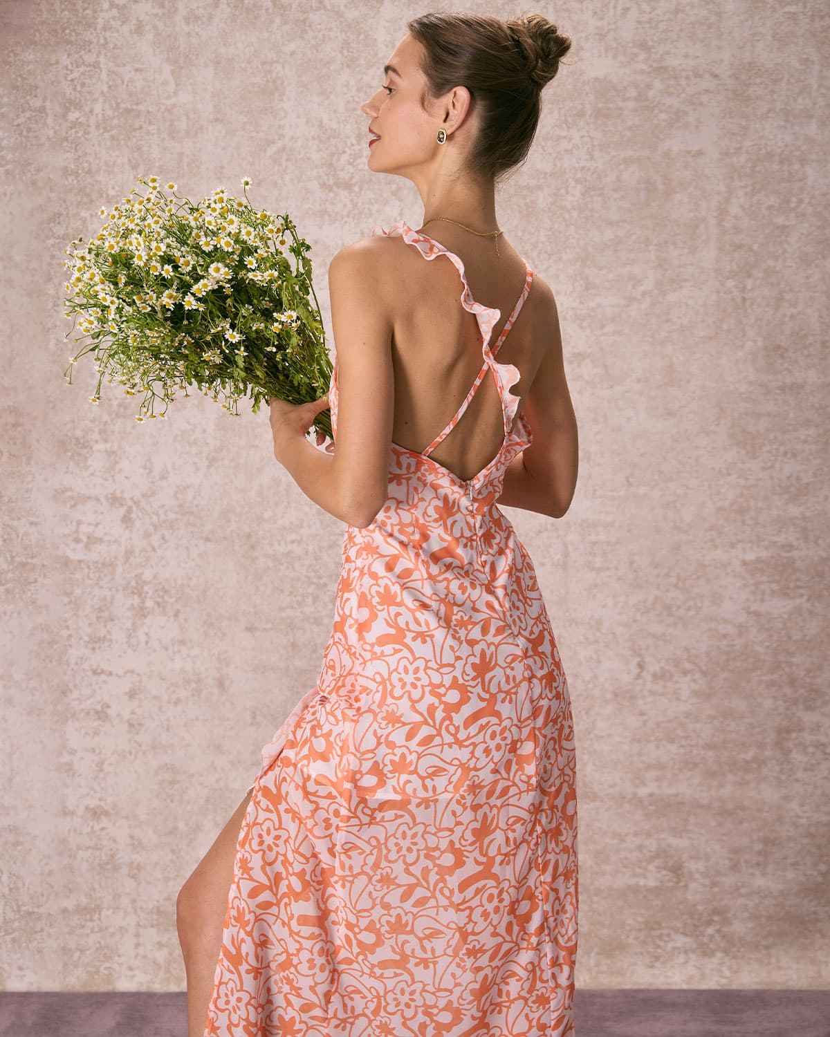 Floral Ruffle Maxi Dress for Women - Orange V-Neck Boho Summer Beach Dress - Perfect for Vacations, Weddings & Outdoor Parties