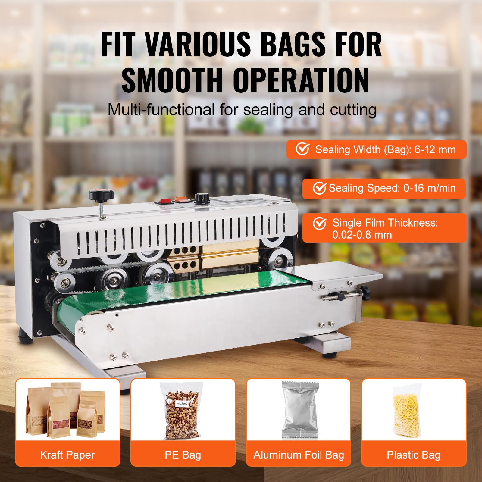 VEVOR Continuous Band Sealer Machine - 6-12mm Adjustable Seal Width, Digital Temperature Control Stainless Steel Bag Sealer for 0.02-0.8mm Plastic Bags | Food Packaging, Medical Supplies & Industrial Use