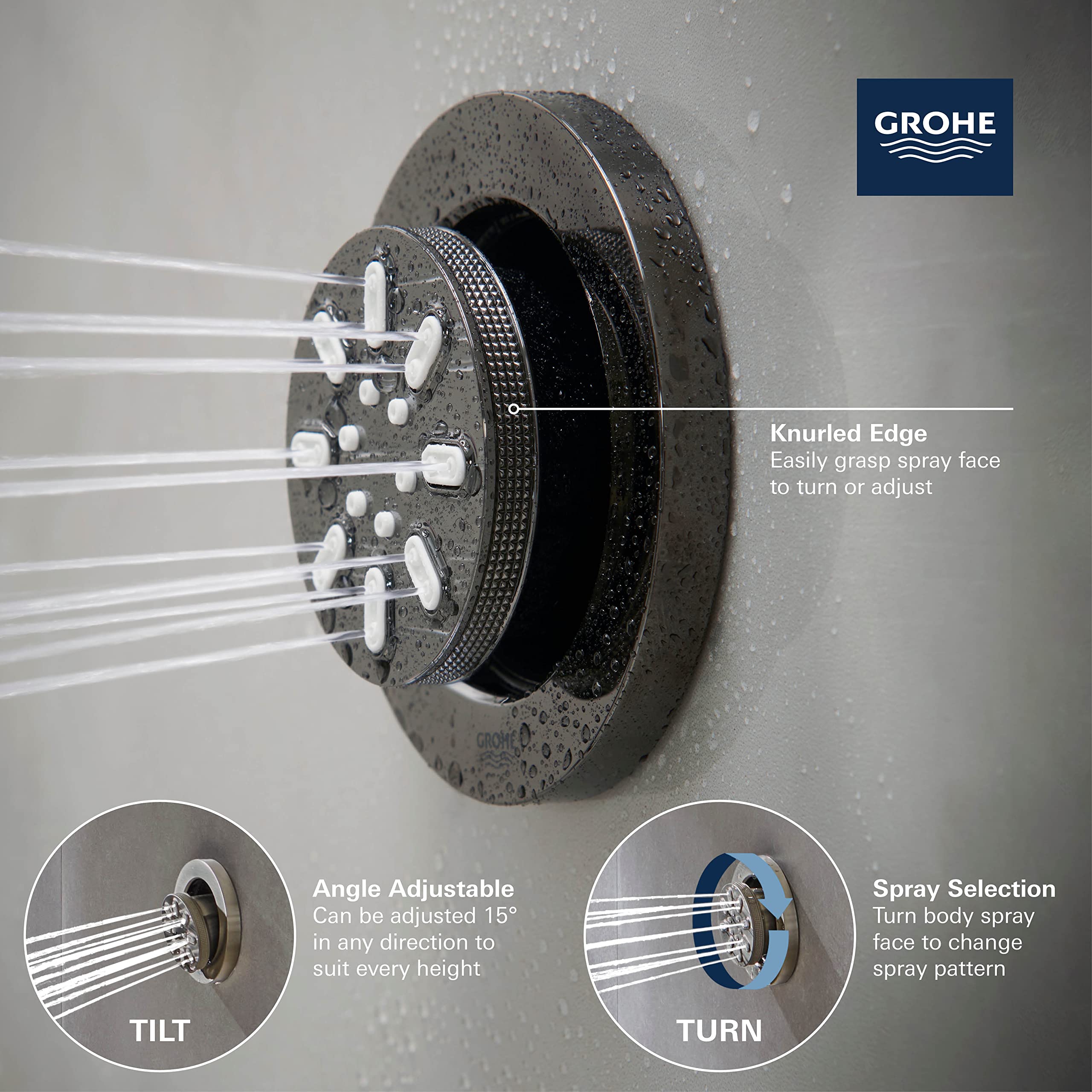 GROHE 26744A00 Aqua 2-Setting Rainshower Body Spray Head with Rain Jet Settings in Hard Graphite - Perfect for Luxury Bathroom and Spa Shower Experience