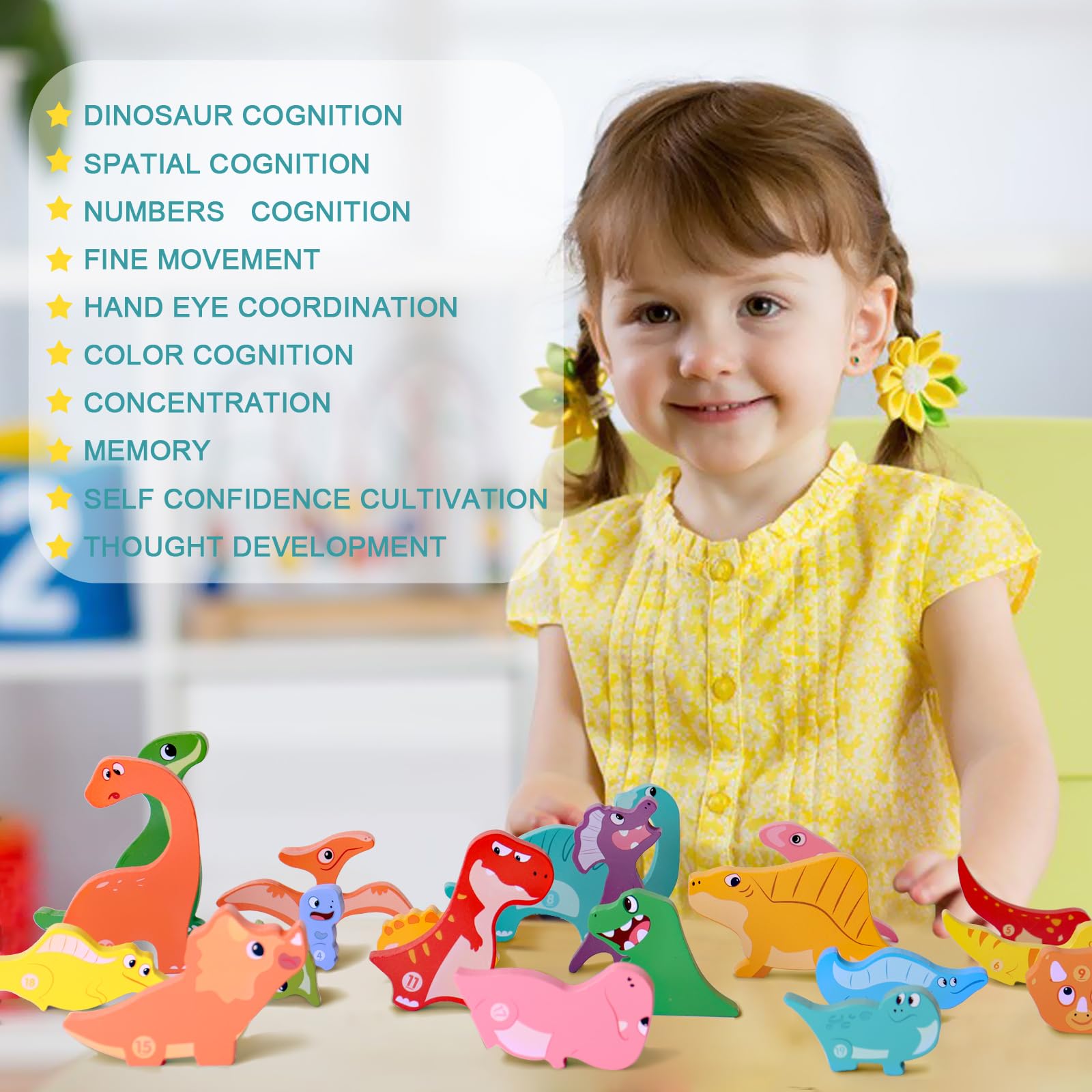 Dinosaur Wooden Stacking Blocks - Montessori Toys for Kids Ages 1-5 | Balance Competition Game & Educational STEM Learning Toy | Perfect Birthday Gift for Boys & Girls | Great for Preschool Playtime & Early Childhood Development