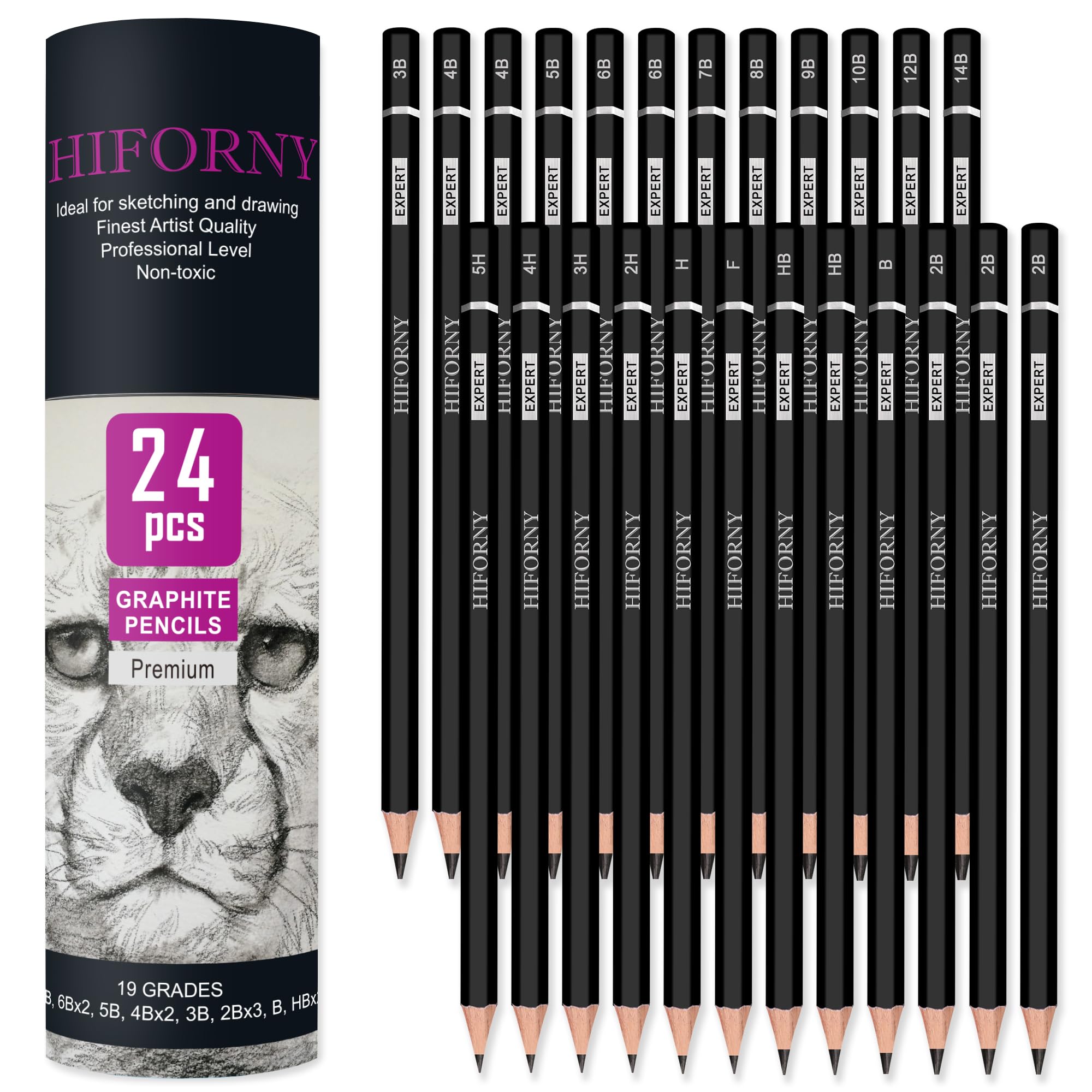 HIFORNY 24-Piece Professional Graphite Sketching Pencil Set (14B-5H) - 19 Grades Art Drawing Pencils for Sketching, Drafting & Shading - Perfect for Beginners, Artists & Students - Use for Portraits, Landscapes, Anime & Technical Drawings