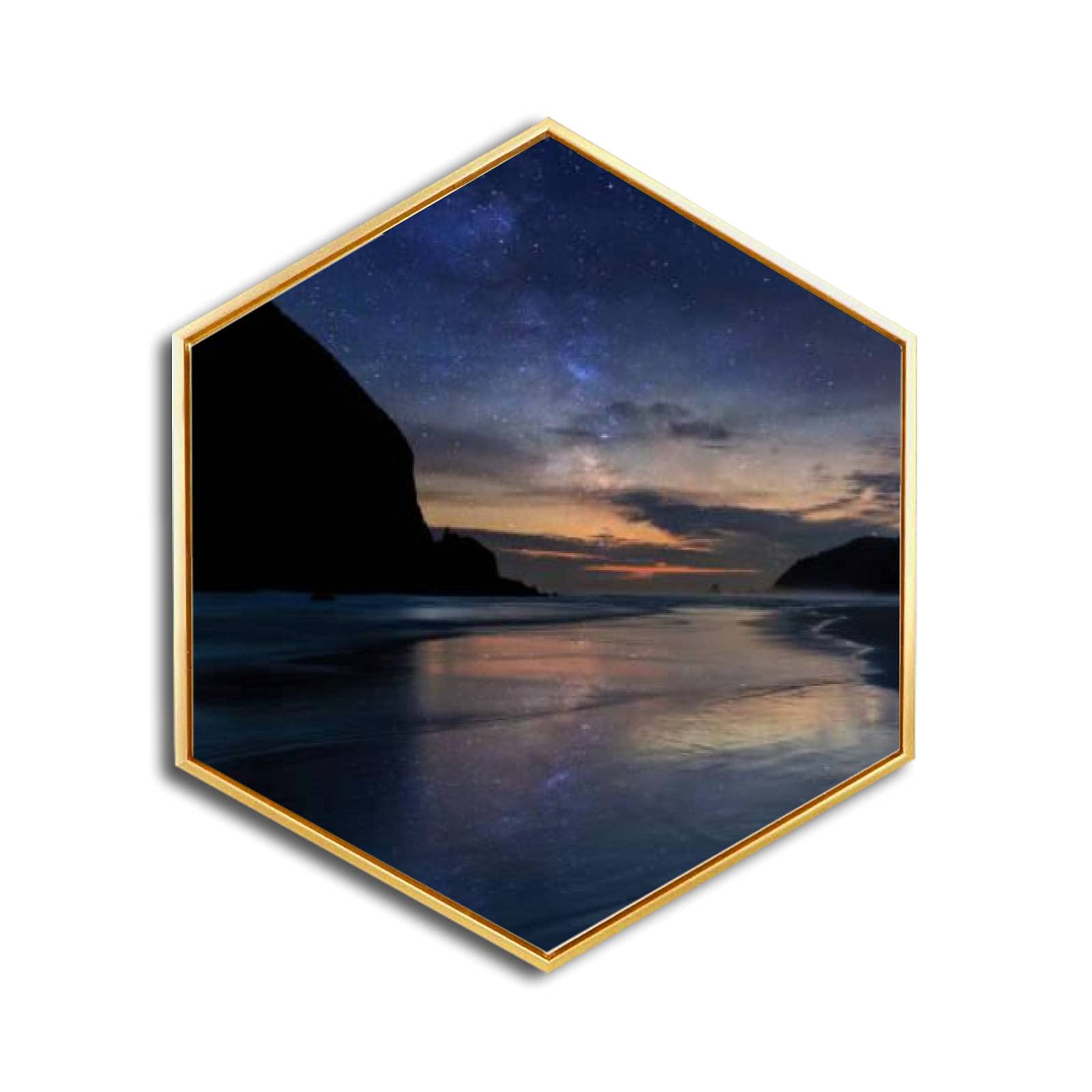 Starry Sky over Haystack Rock at Cannon Beach - Golden Framed Canvas Wall Art Print | Minimalist Modern Home & Office Decor | Ready to Hang Hexagon Giclee Painting for Living Room, Bedroom or Workspace