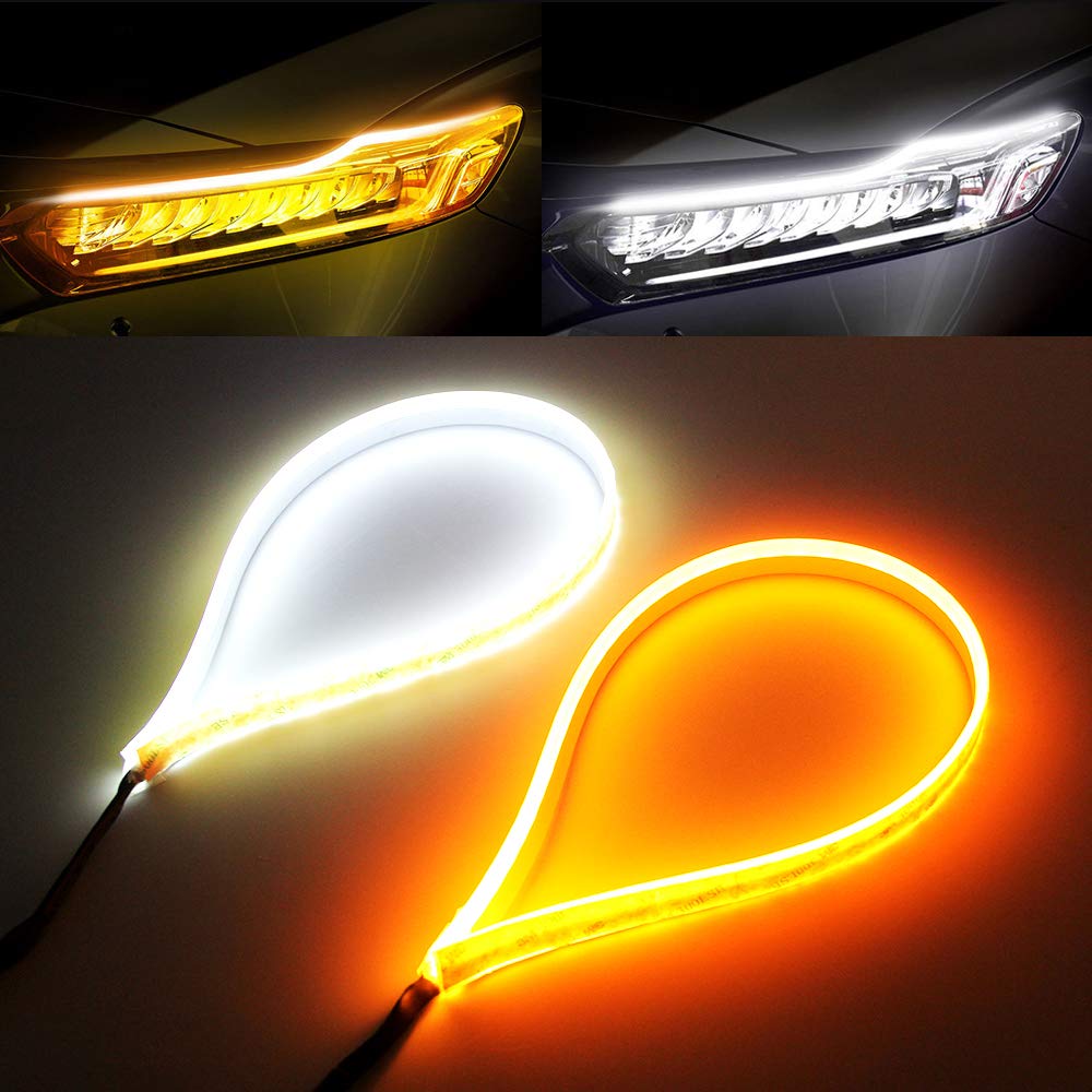White Amber LED Strip Light 2Pcs 23 Inches - 114 LED Chips Dual Color Waterproof Car Daytime Running Lights - Flexible DRL Switchback Headlight & Turn Signal Tube - Easy Peel & Stick Installation for Cars, Trucks, SUVs, Motorcycles, Boats & Off-Road Vehicles
