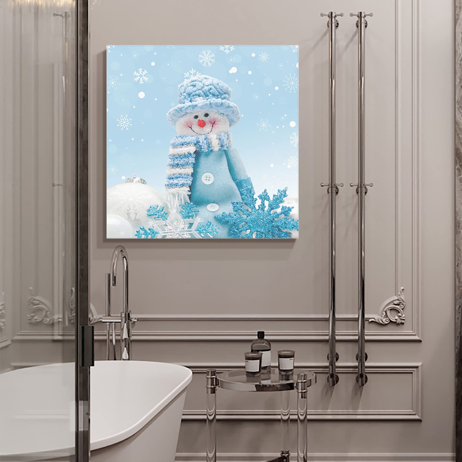 Christmas Canvas Wall Art - 28x28in Framed Winter Snowman Painting, Modern Home Decor for Living Room & Bedroom | Perfect Holiday Gift & Seasonal Home Decoration
