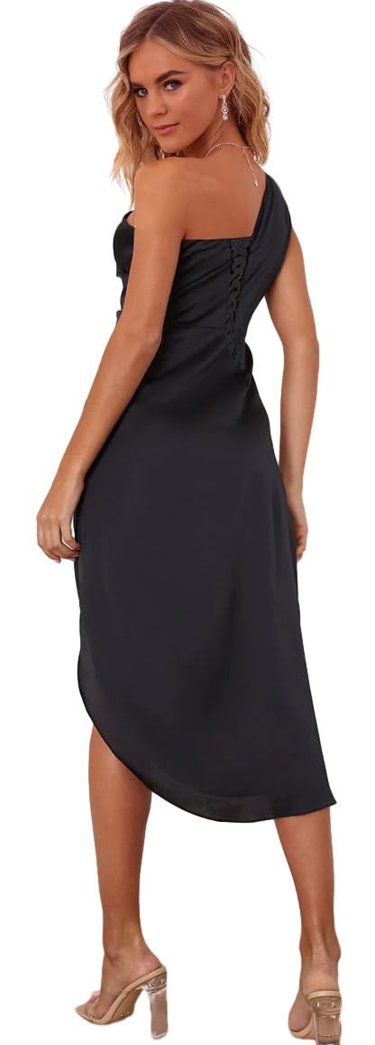 Zoghoo Women's Satin Bridesmaid Dress One Shoulder Formal Evening Gown with High Slit - Mid Length Wedding Guest Dress for Bridal Party, Prom, Cocktail Events