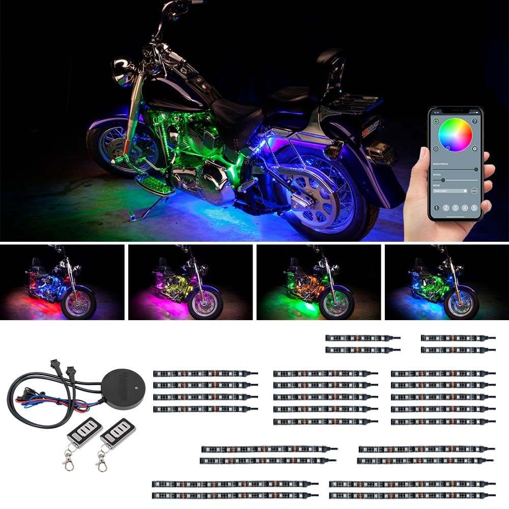 LEDGlow 26-Piece Bluetooth Motorcycle LED Lighting Kit - 16 Million Colors, Smartphone App Control, Dual Zone & Brake Light Effects, Waterproof - Perfect for Night Rides & Custom Bike Shows