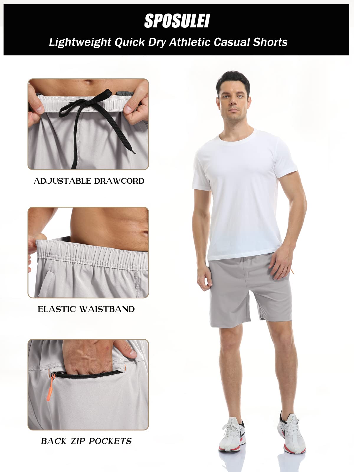 SPOSULEI Men's Quick-Dry Water Resistant Hiking Shorts - Lightweight Athletic Outdoor Shorts with Zipper Pockets for Running, Camping & Travel