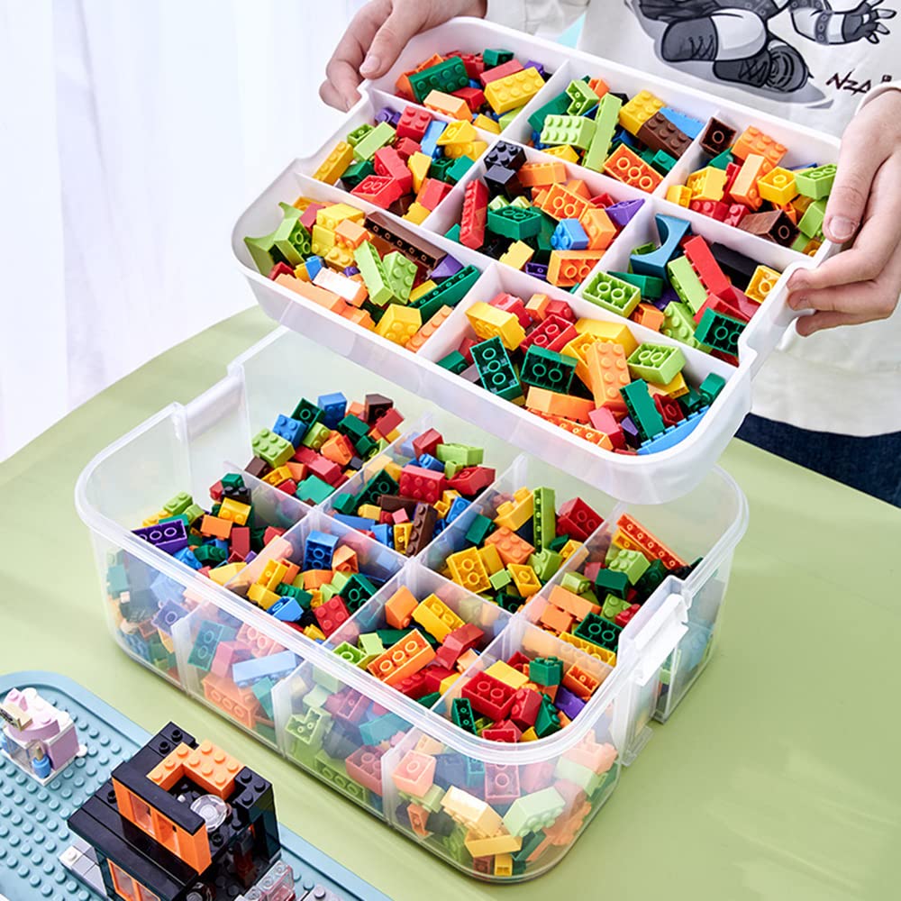 Stackable Plastic Toy Organizer Bins with Compartments - Building Blocks Storage Containers for Lego & Kids Toys - Durable Yellow Toy Chest for Playroom, Classroom & Home Organization