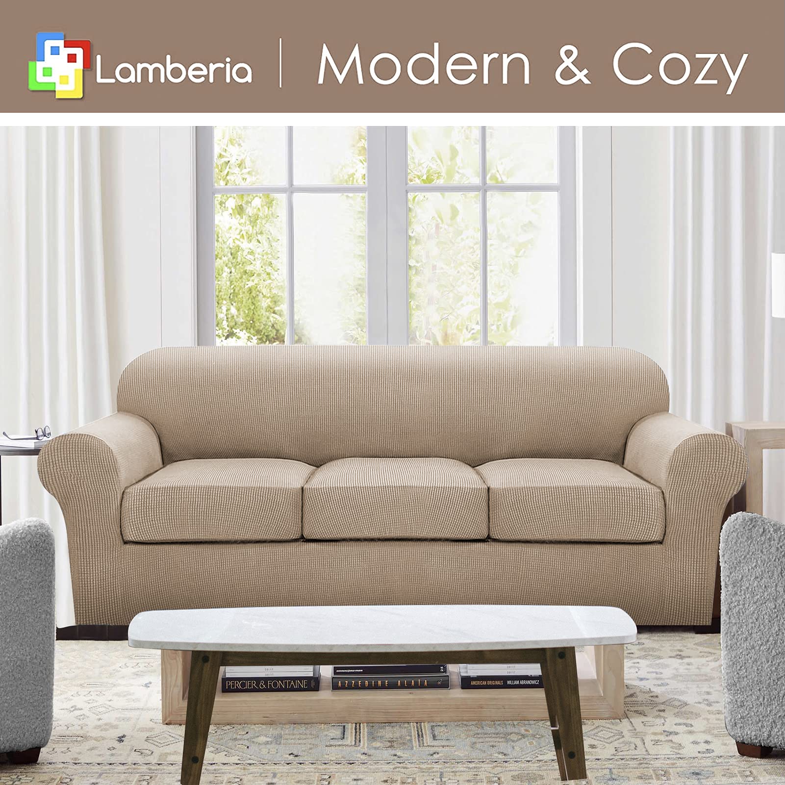 Lamberia Stretch Sofa Cover for 2 Cushion Couch - 3 Piece Washable Jacquard Slipcover, Thick Plush Furniture Protector for Pets & Kids - Perfect for Living Room, Loveseat & Pet-Friendly Homes