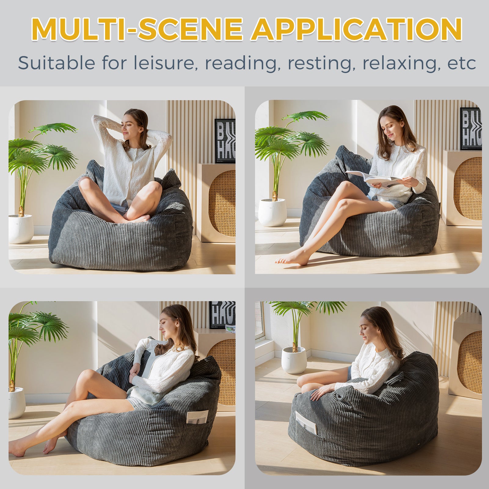 MAXYOYO Bean Bag Chair with Handle & Pocket - Dark Grey Floor Sofa for Teens, Gaming, Reading & Relaxing - Perfect for Living Room, Bedroom & Dorm Decor