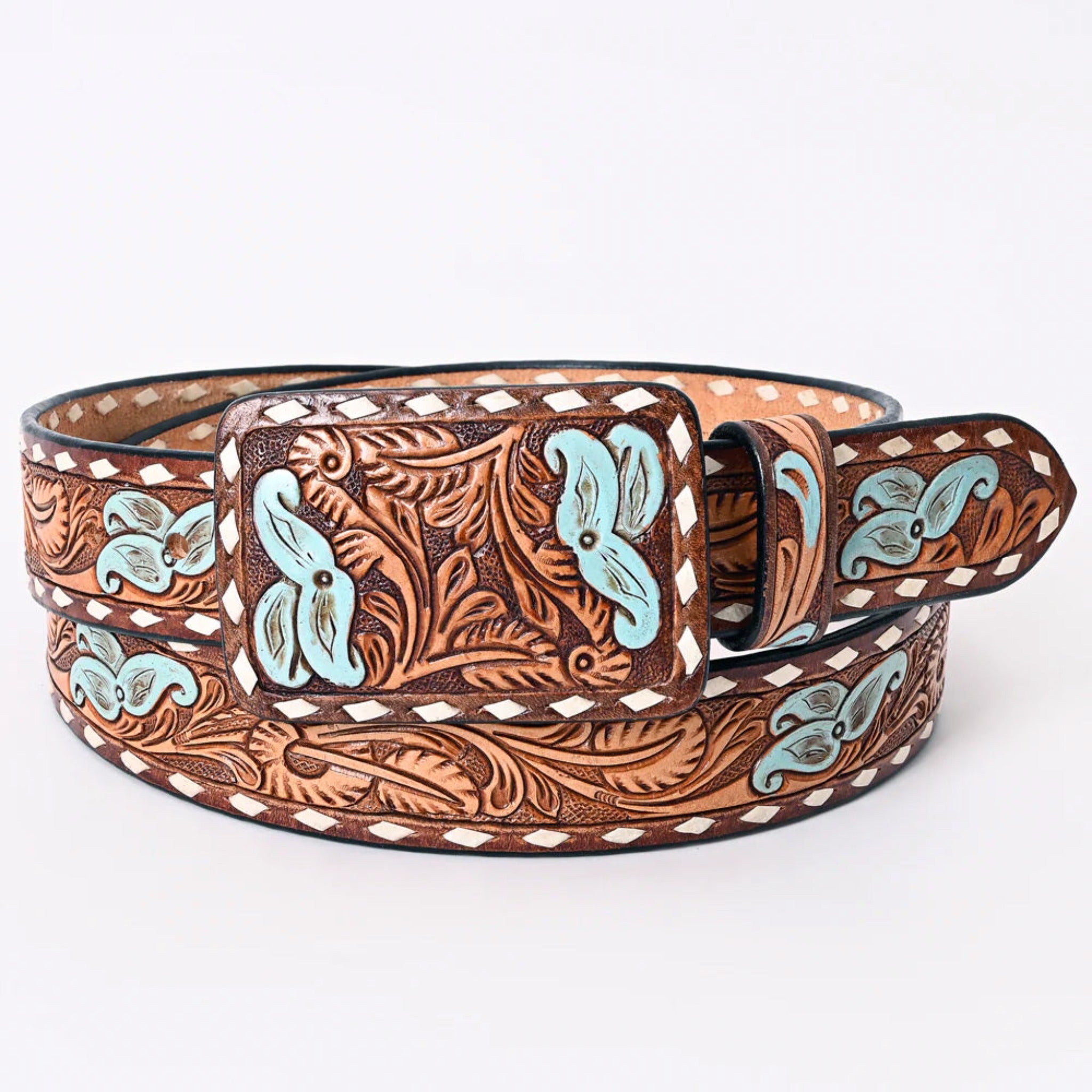 American Darling Women's Tooled Blue Floral Leather Belt - Western Style Fashion Accessory for Jeans, Dresses & Boho Outfits