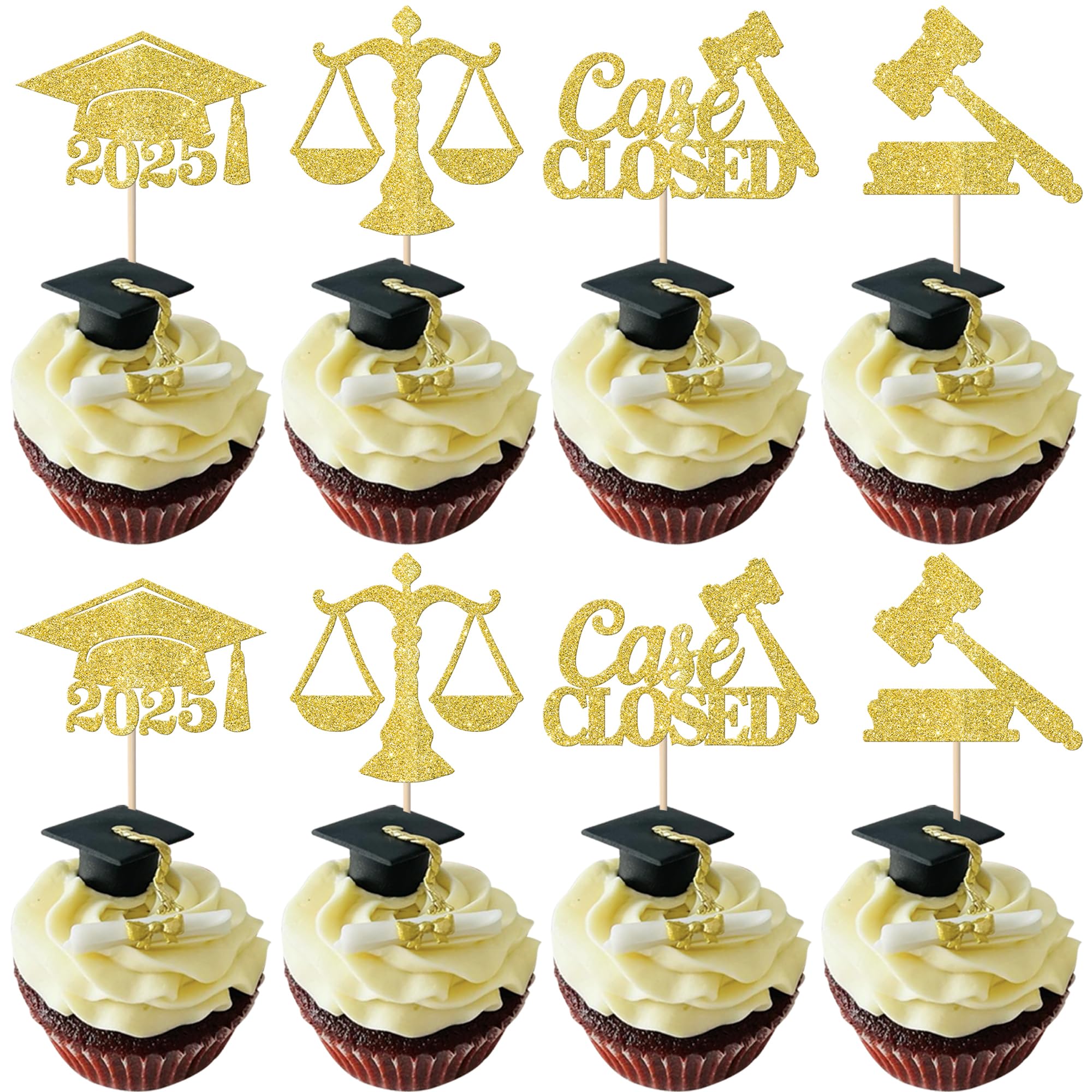 24 Pack Class of 2025 Graduation Cupcake Toppers - Gold Glitter Law School Grad Cap Picks for Lawyer Graduation Party Decorations - Perfect for 2025 Graduation Cakes, Desserts & Celebration Supplies