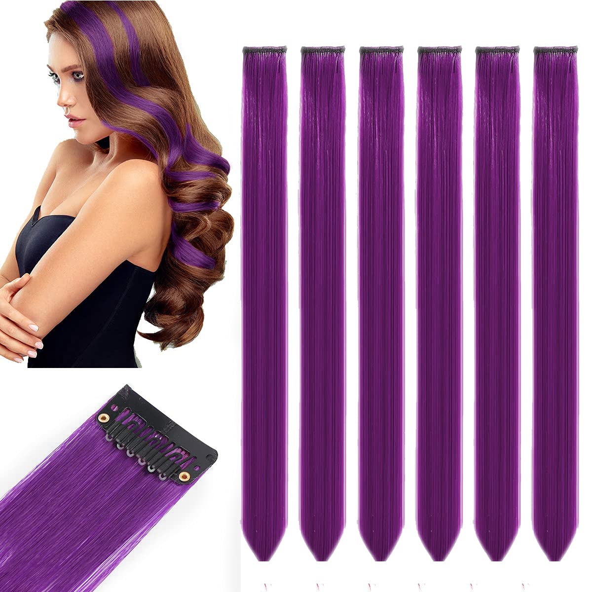OSEN Purple Hair Extensions for Women & Girls - 6-Piece Colored Hair Streak Set for Highlighting & Styling - Perfect for Parties, Cosplay & Everyday Fashion