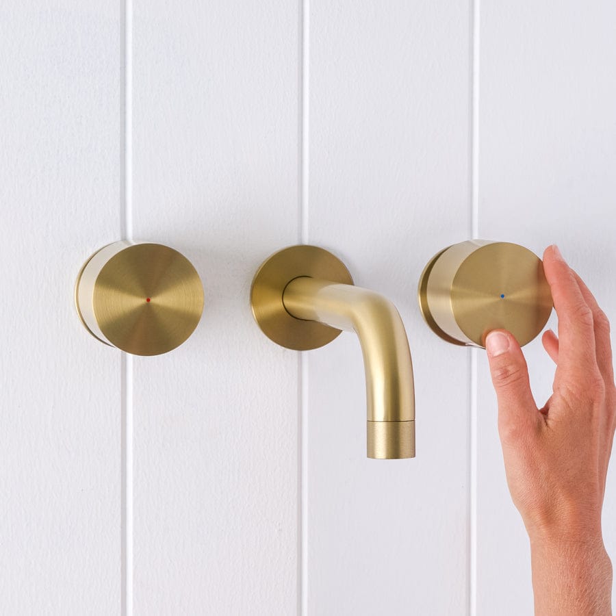 Sydney Wall Spout + Round Wall Taps Brushed Brass - Premium Bathroom Faucet for Modern & Vintage Decor, Perfect for Sink, Vanity, and Powder Room Installation