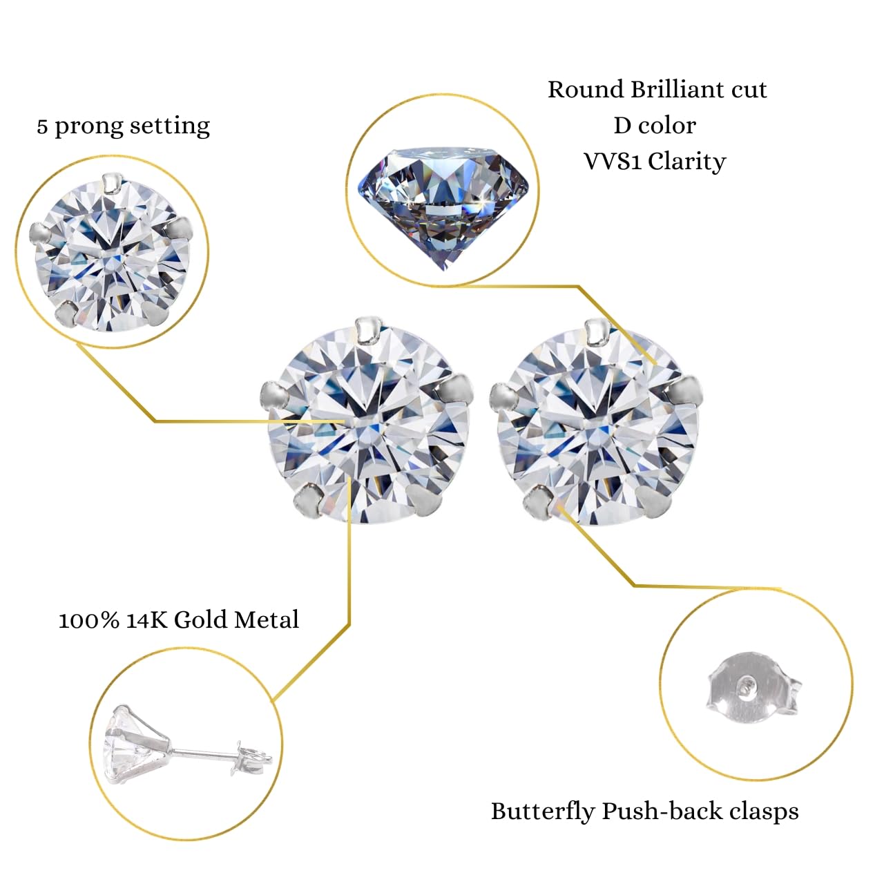 14K Yellow Gold & White Gold Moissanite Diamond Stud Earrings for Women & Men – Hypoallergenic Wedding, Anniversary & Gift Jewelry – Perfect for Everyday Wear, Date Nights & Special Occasions