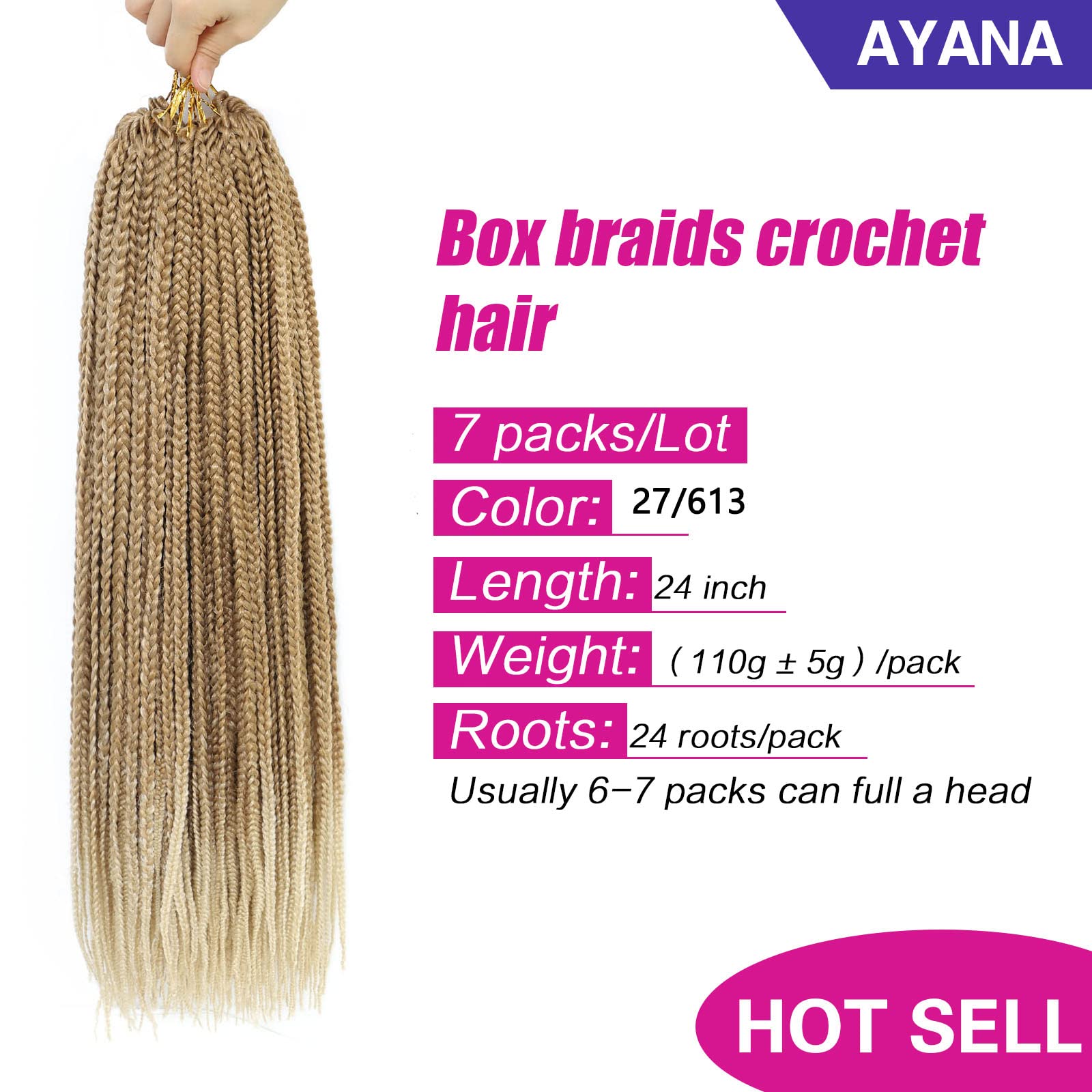 24 Inch Box Braid Crochet Hair - 7 Pack Pre-Looped Medium Box Braids for Black Women (27/613 Color) | 24 Strands per Pack | Perfect for Protective Styles, Everyday Wear & Special Occasions