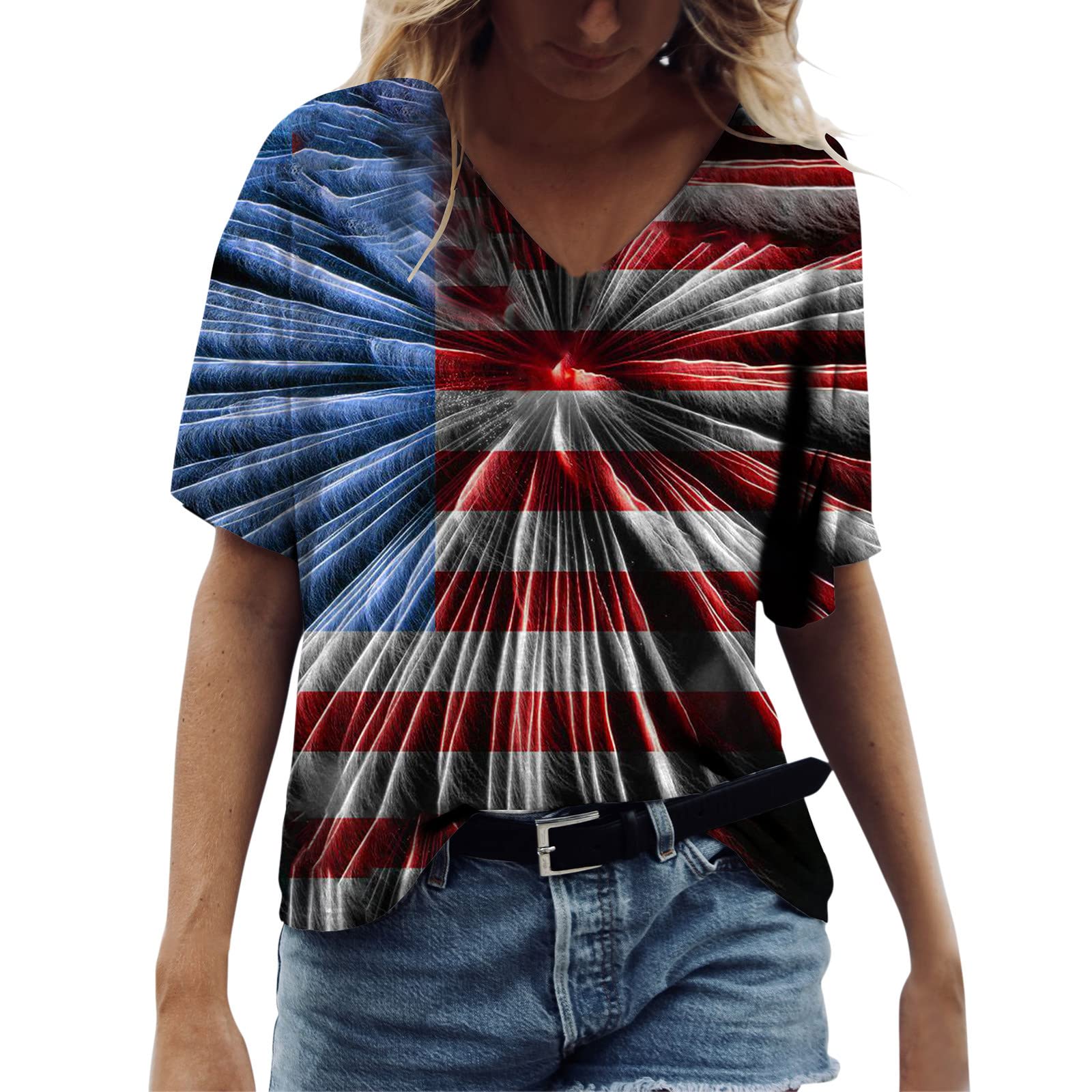 Youeneom Women's Casual Summer Printed V-Neck Short Sleeve T-Shirt - Loose Fit Tunic Blouse Top for Women - Perfect for Beach, Vacation & Everyday Wear
