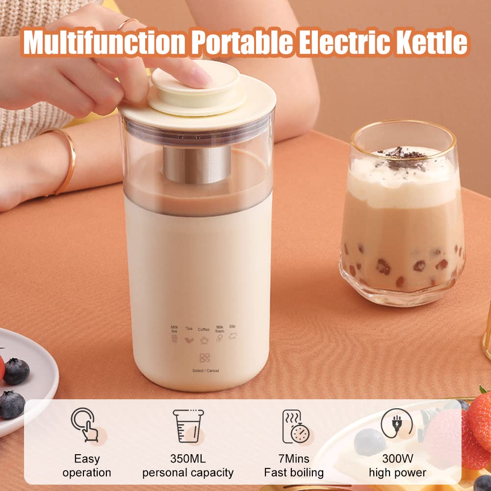 5-in-1 Portable Electric Kettle for Coffee, Tea & Milk Foam - 350ML Travel Mug with Auto Stir & Fast Boiling (110V) | Perfect for Home, Office & Travel | DIY Different Drinks in 7 Minutes