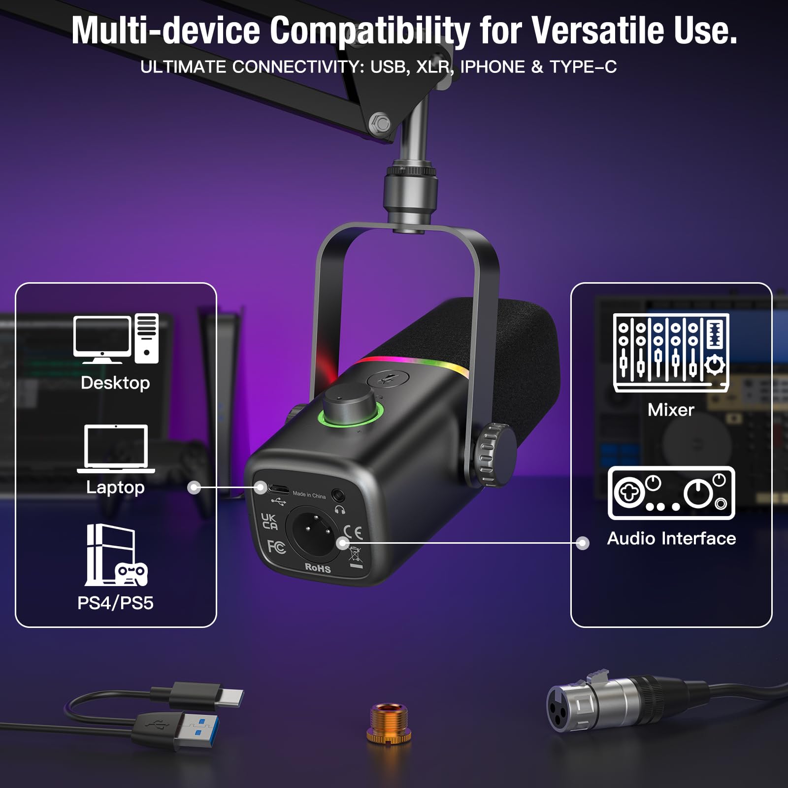ZealSound XLR/USB Gaming Mic with RGB Light for Streaming & Podcasting - Perfect for YouTube & PC Gaming
